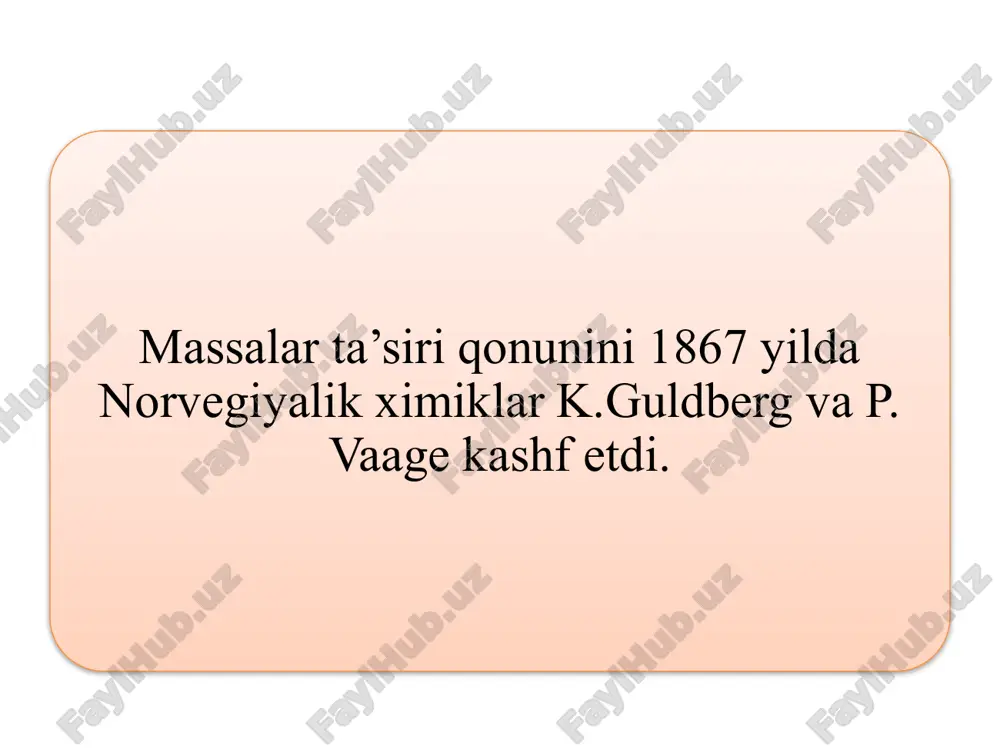 s - stexiometrik koeffitsientlar . stexiometrik tenglamada kimyoviy elementlar balansi saqlanadi. har bir elementning dastlabki modda va mahsulotlardagi miqdori o’zaro teng bo’ladi. shu bois stexiometrik tenglamalarni algebraik deb hisoblash deyiladi. stexiometrik tenglamalar soni. stexiometrik tenglamalar bir necha usullarda ifodalanishi mumkin. ammiak sintezi reaktsiyasi quyidagi stexiometrik tenglama bilan yoziladi: n2 + 3h2 =2nh3 yoki 0,5 n2+ 1,5 h2 = nh3 metanning bug’dagi konversiyasi ikki bosqichda o’tadi: sn4 + n2o = so + 3n2; co+h2o = co2+ h2. quyidagi stexiometrik tenglamani ham yozish mumkin: sn4 + 2n2o = so2+ 4n2. tenglamalar soni moddalar sonidan ko’pligi ma’lum. shu bois tenglamalar majmuasi aniq bo’lishi talab etiladi.aytaylik, o’zgarishlarda v moddalar ishtirok etayapti, ular sonini o’zgarishlardan so’ng aniqlash lozim bo’ladi. buning uchun v ga teng tenglamalar kerak bo’ladi. lekin moddalar e ga teng kimyoviy elementlardan tashkil topadn, har bir tenglamada elementlar balansi saqlanadi. kimyoviy muvozanat o’zgarishi tashqi sharoit o’zgarishi bilan amalga oshadi. ta’sir le - shatele …
