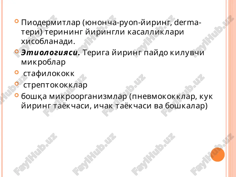 o'ng tarkibida yiring chikib kuriydi va yaliglanishlar surilinib chikadi, osterofollikulitdan so'ng xech kanday chandik kolmaydi. osteofollikulit follikulit soch xaltasining chukur kavati yallig'langanda teri kizarib turadi,so'ng infiltrat xosil buladi,og'riydi. madda konussimon bulib,urtasida soch chikib turadi. bir necha kundan sung yiringlanish rivojlanib,tukimalar nekrozga uchraydi. kasallik 5-6 kunda tuzaladi. yuza follikulit osteofollikulit oddiy husunbuzar follikulitlar (yuza va chuqur) sikoz sikoz-surunkali kaytalanuvchi piodermit bulib,erkaklarda uchraydi. ostiofollikulit va follikullitlar sokol va moylov soxalarida joylashadi. kam mikdorda follikulitlar paydo bulib,atrof teriga tarkala boshlaydi.uchog atrofida yalliglangan infiltrat xosil buladi.bir necha soch follikulalari yalliglanib,uchog kattalashib yiringli konglomerant xosil kiladi. yiringchalar erilishi natijasida yiringli katkaloklar xosil buladi.kasallik surunkali ravishda kechadi. kasallikni trixofitiyaning infiltrativ-yiringli turi bilan takkoslash zarur. sikoz furunkul(chipkon) kasallikni tillarang stafillokoklar keltirib chikaradi.soch follikulasi va atrofidagi biriktiruvchi tukimani yiringli-nekrotik yalliglanishiga furunkul deyiladi. z ta boskich bilan kechadi: infiltratsiya xosil bulish boskichi, yiringlash va nekrotik boskich bitish boskichi. soch follikulasi atrofida kizgish ogrikli yalliglangan infiltrat xosil buladi. 3-4 kun …