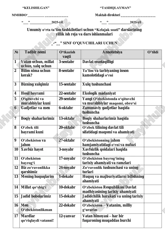 asosi 19 muvaffaqiyat sirlari. start-ap 26-yanvar muvaffaqiyatga erishish uchun maqsad qoʻyish va rejalashtirish 20 sogʻlom hayot 2-fevral sogʻlom turmush tarzi haqida tushuncha 21 alisher navoiy va zahiriddin muhammad boburning buyukligi 9-fevral alisher navoiy va zahiriddin muhammad boburning hayoti va merosi 22 halollik vaksinasi 16-fevral halollik tushunchasi va uning inson hayotidagi ahamiyati 23 bir yaxshilik haqida 23-fevral yaxshilik qilishning inson va jamiyat uchun ahamiyati 24 muqaddas ayol 2-mart ona va ayolning oila va jamiyatdagi oʻrni 25 mehnatning tagi rohat 9-mart mehnatning inson hayotidagi oʻrni va qadri 26 yil boshi - navroʻz 16-mart navroʻz bayrami va uning tarixiy ahamiyati 27 oʻzbek madaniyati 30-mart oʻzbek madaniyatining tarixiy ildizlari va boy merosi 28 sohibqiron - amir temur 6-aprel amir temurning hayoti va tarixiy faoliyati 29 kitobxonlik 13-aprel kitob oʻqishning bilim va tafakkurni rivojlantirishdagi ahamiyati 30 milliy oʻzlik 20-aprel milliy oʻzlik tushunchasi va uni asrashning ahamiyati 31 innovatsion fikrlash 27-aprel innovatsion fikrlash tushunchasi va zamonaviy …