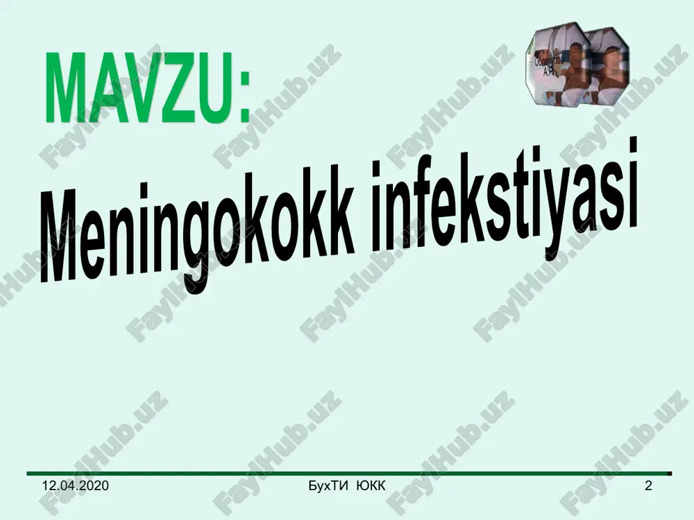 ng davomiyligiga bog'liq (ayniqsa yopiq xonada). kontagiozlik indeksi 0,1-0,15 ga teng mavsumiylik – qish-bahor oylari, yog'ingarchilik ko'p bo'lgan vaqtda. epidemiologiyasi miya yumshoq pardasining yallig’lanishi klinik tasnifi 1. mahalliy shakli: a) meningokokk tashuvchilik b) o’tkir nazofaringit 2. tarqalgan shakli: meningokokstemiya: tipik, chaqmoqsimon, surunkali meningit meningoenstefalit aralash shakli (meningit + meningokokstemiya) 3. kam uchraydigan turlari: endokardit zotiljam artrit iridostiklit poliartrit meningokokkli nazofaringit barcha mi bilan kasallanganlarning 80%ida uchraydi. engil, o’rta og’ir, va og’ir shakllari ajratiladi. kasallik o’tkir tana haroratining 37,5˚s dan 39-40˚s gacha ko’tarilishi, bosh og’rig’i, bosh aylanishi, kataral belgilar bilan boshlanadi. halqum orqa devorini giperemiyasi va shishi kuzatiladi: limfoid follikulalarning giperplaziyasi, yon bolishlarning shishi, kam miqdorda shilliq ajralishi. og’ir shakllarida tana harorati 39-40,5˚s gacha ko’tariladi, xarakterli simptomlardan tashqari qayt qilish, ba’zan talvasalar, qorinda og’riq qo’shiladi. kuruvda alohida meningeal simptomlar aniqlanadi. periferik qonda leykostitoz 15*10*9/l gacha, neytrofillez, echt 20-30 mm/s gacha oshadi. meningokokkemiya (meningokokkli bakteremiya, meningokokkli sepsis) kasallik to’satdan boshlanadi. bemorlar kasallikning …
