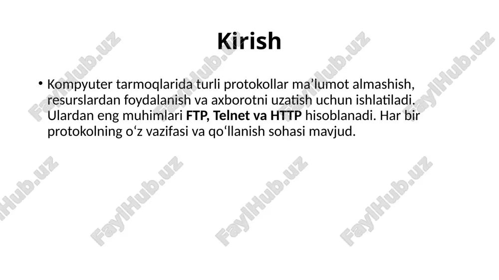 transfer protocol secure) – ma’lumotlar shifrlanadi va xavfsizlik ta’minlanadi. taqqoslash protokol asosiy vazifa port raqami afzalligi cheklovi ftp fayllarni uzatish 21 tezkor fayl almashish xavfsizlik past telnet masofaviy boshqaruv 23 masofadan ishlash qulayligi ma’lumotlar shifrlanmagan http veb-sahifalarni uzatish 80 internetning asosiy protokoli httpssiz xavfsizlik yo‘q tcp/udp internet va lokal tarmoqlarda kompyuterlar o‘rtasida ma’lumot uzatish transport protokollari orqali amalga oshadi. eng ko‘p qo‘llaniladiganlari – tcp va udp hisoblanadi. ular ip protokoli bilan birgalikda ishlaydi (tcp/ip modeli). tcp – transmission control protocol ta’rifi: tcp – bu ulanishga asoslangan transport protokoli bo‘lib, ishonchli ma’lumot uzatishni ta’minlaydi. xususiyatlari: ulanishga asoslangan (connection-oriented). ma’lumotlar paketlarga bo‘linadi va tartib raqami bilan yuboriladi. paketlar yo‘qolsa qayta uzatiladi. ma’lumotlar ketma-ketligi saqlanadi. ishonchli va to‘liq yetkazib berishni kafolatlaydi. qo‘llanish sohasi: veb-brauzerlar (http/https) elektron pochta (smtp, imap, pop3) fayl uzatish (ftp) onlayn banking, xavfsiz aloqa tizimlari. udp – user datagram protocol ta’rifi: udp – ulanishsiz (connectionless) transport protokoli bo‘lib, tezkor ma’lumot …