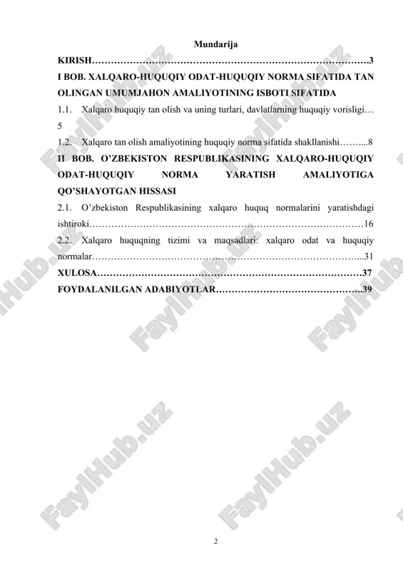 i asta-sekin milliy huquqiy tizimning bir qismiga aylanib bormoqda. uning asoslarini bilish jismoniy va yuridik shaxslarning o‘z huquqlarini mamlakat ichida himoya qilishlari uchun ham zarurdir. [1: shavkat mirziyoev “insonparvarlik ezgulik va bunyodkorlik milliy g‘oyamizning poydevoridir”. o’zbekiston nashriyoti. 2019. b-59.] kurs ishining dolzarbligi. xalqaro-huquqiy odat — bu davlatlar o'rtasida uzoq muddat davomida qabul qilingan va amal qilinayotgan, shuningdek, davlatlar tomonidan majburiy ravishda qabul qilingan huquqiy qoidalar to'plamidir. xalqaro huquqiy normalar esa, odatda, yozma shaklda bo'lib, xalqaro shartnomalar va kelishuvlar shaklida ifodalanadi. kurs ishining dolzarbligi xalqaro-huquqiy odat va norma sifatida tan olingan umumjahon amaliyotining isbotini o'rganishdan iborat. bu nafaqat nazariy jihatdan, balki amaliy jihatdan ham muhim ahamiyatga ega. kurs ishining maqsadi: xalqaro-huquqiy odatlarning huquqiy norma sifatida tan olinishi, umumjahon amaliyoti bilan bog'liq holda, davlatlar o'rtasidagi munosabatlarni tartibga solish va barqarorlikni ta'minlashda muhim ahamiyatga ega. ushbu ish orqali, xalqaro-huquqiy odatlarning isbotlari va ularning huquqiy norma sifatida tan olinishi jarayonlari chuqurroq tahlil qilindi. kelajakda …