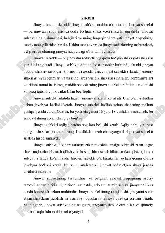 yat sub'ektining tushunchasi va belgilari jinoyat huquqining asosiy tamoyillaridan biridir. u, birinchi navbatda, adolatni ta'minlash va jinoyatchilikka qarshi kurashish uchun muhimdir. jinoyat sub'ektining aniqlanishi, jinoyatni sodir etgan shaxslarni jazolash va ularning huquqlarini himoya qilishga yordam beradi. shuningdek, jinoyat sub'ektining belgilari, jinoyatchilikni oldini olish va ijtimoiy tartibni saqlashda muhim rol o‘ynaydi. jinoyat sub'ekti tushunchasi va belgilari jinoyat huquqining asosiy komponentlaridan biridir. u jismoniy shaxslarning jinoyatchilikdagi rolini belgilaydi va adolat tizimida muhim ahamiyatga ega. jinoyat sub'ekti sifatida ko‘riladigan shaxslar o‘z harakatlari uchun javobgar bo‘lishi kerakligi, ularning aqliy holati va erkin iradasi kabi belgilar orqali aniqlanadi. shu bilan birga, jinoyat sub'ektining tushunchasi zamonaviy ijtimoiy muammolarni hal qilishda va jinoyatchilikka qarshi kurashishda muhim ahamiyatga ega. 1. jinoyat subyekti – jinoyat tarkibining muhim elementi sifatida ma’lumki, shaxs tomonidan jinoyat sodir etish holatlari insoniyat tarixining har qanday davrida mavjud bo‘lgan va o‘zining ijtimoiy xavfliligi bilan ajralib turgan. shu tufayli, bugungi kunda dunyo mamlakatlarining barchasida jinoyatchilikka qarshi …