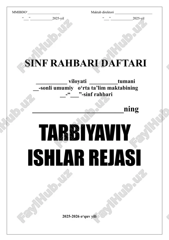 rahbarlari faoliyatida quyidagilarga o‘xshash muammolar ko‘zga tashlanmoqda: − ayrim sinf rahbarlari tomonidan o‘quvchilarni tarbiyalash jarayonida o‘z oldilariga qo‘ygan maqsad va vazifalarining to‘g‘ri tashkil etilmaganligi; − tarbiyaviy soatlarning aniq o‘quv-mavzu reja asosida tashkil etilmayotganligi; − ta’lim-tarbiya va ma’naviy-ma’rifiy sohaga oid qonunlar va qonunosti hujjatlarning ko‘pchiligidan o‘qituvchi va sinf rahbarlarining yetarli darajada xabardor emasligi; − ba’zi sinflardagi o‘quvchilarda kundalik daftarlarining mavjud emasligi, borlarining ham sinf rahbari tomonidan nazorat qilinmaganligi; − ayrim o‘quvchilarning darslarga tayyorgarliksiz, hatto darsliklarsiz ishtirok etishlari; − o‘quvchilar internet va mobil telefon qaramligining jismoniy va ruhiy xatarlari haqida yetarli tushunchalarga ega emasliklari; − voyaga yetmaganlar o‘rtasida turli zararli oqimlar ta’siriga tushib qolish, jinoyatchilik va huquqbuzarlik holatlarining uchrayotganligi; − ota-onalar bilan samarali muloqotning yo‘lga qo‘yilmaganligi; − huquqbuzarlik, mobil telefon va internet qaramligi, narkomaniya, tamaki va alkogol mahsulotlarini iste’mol qilishga qarshi kurash hamda oldini olish bo‘yicha samarali chora- tadbirlar tizimi ishlab chiqilmaganligi. bugungi shiddatli davr barchamizdan axloqiy va ma’naviy jihatdan tarbiyaviy ishlarni …