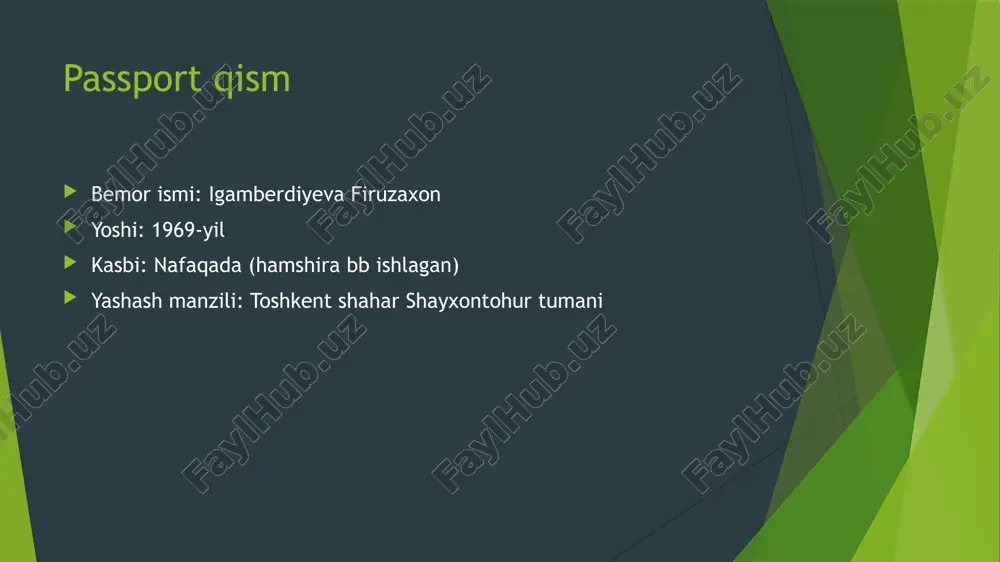 atsiyalar yo`q. tana harorati 36,6 cga teng. nafas olish sistemasi: shikoyati. quruq yo’tal obyektiv: ko`krak qafas silindrik. ko’krak qafasida assimetriya yo’q, nafas aktida ikkala o’pka aktiv qatnashadi nafas olish: og`iz va burun orqali, mustaqil. nafas soni 20 ta. ko`krak qafasi palpatsiyada og`riqsiz. perkussiyada perkutor o`pka tovushi, o’pka chegaralari siljimagan. o`pka auskultatsiyasida ikki tomonlama susaygan vezikulyar nafas. umumiy ko`rik qon aylanish sistemasi: shikoyati yo’q yurak cho’qqisi l. mediaclavicularis bo’yicha iv qovurg’lar orasida, perkussiyada yurak chegaralari kengaymagan. auskultatsiyada yurak tonlari bo`g`iq. 120/80 mm.sm.ust. yuqs-116 ta min, puls ritmik. ovqat hazm qilish sistemasi: shikoyati: o’ng qovurg’a ostida va epigastral sohada og’riq, qorin dam bo’lishi, ovqat hazm bo’lishi qiyinlashuvi, kongil aynishi, kekirish, qusish og`iz bo`shlig`i toza, tili quruq, och pushti rangda karash bilan qoplangan. qorni palpatsiyada yumshoq, o’ng qovurg’a ostida va epigastral sohada og’riq. jigar biroz kattalashgan, taloq kattalashmagan. ich kelishi regulyar. umumiy ko`rik peshob ajratish sistemasi: shikoyati yo’q ob’ektiv: bel sohasida defiguratsiya anilanmaydi, …