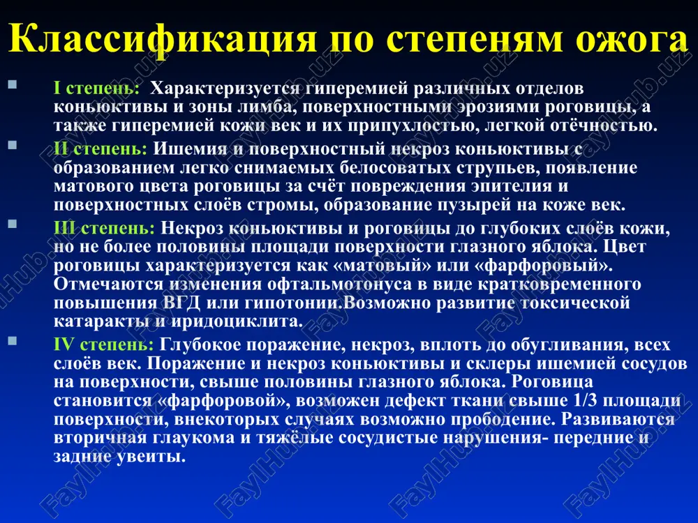 ix belkov etiologiya ojogov glaz ojogi voznikayut v rezultate pryamogo deystviya na tkani glaza razlichnix ximicheskix veshestv visokoy temperaturi luchistoy energii pri popadanii v glaz veshestv, obladayushix odnovremenno termicheskim, ximicheskim i radiatsionnim deystviem, voznikayut kombinirovannie ojogi. obshie tendentsii ojogov glaz progressiruyushiy xarakter ojogovogo protsessa i posle udaleniya povrejdayushego agenta iz-za narusheniya metabolizma v tkanyax glaza, obrazovaniya toksichnix produktov i vozniknovenie immunologicheskogo konflikta vsledstvie autointoksikatsii i autosensibilizatsii v posleojogovom periode. sklonnost k retsidivirovaniyu vospalitelnogo protsessa v sosudistoy obolochke v razlichnie sroki posle polucheniya ojoga tendentsiya k obrazovaniyu sinexiy, spaek, razvitie massivnoy patologicheskoy vaskulyarizatsii rogovitsi i konyunktivi. ojogi glaz v svoyu ochered, ximicheskie ojogi razdelyayut na: shelochnie kislotnie tak kak podavlyayushee bolshinstvo ximicheski agressivnix veshestv pri kontakte s jivimi tkanyami vizivayut libo kolikvatsionniy nekroz («shelochnoy» xarakter ojoga), libo koagulyatsionniy nekroz («kislotniy» xarakter ojoga) ximicheskie ojogi glaz osobo tyajeliy ximicheskiy ojog sernoy kislotoy; pyatie sutki posle travmi ximicheskiy ojog sredney tyajesti rastvorom tsementa: …