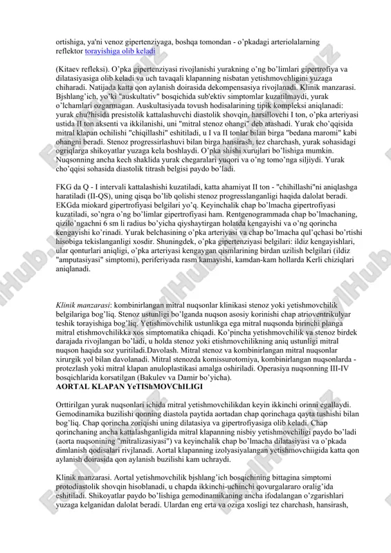 a iii ton qayd qilinadi. sistolik shovqin amplitudasi nuqson og’irligiga, ya'ni mitral regurgitasiya darajasiga mos keladi. ekg da boshlang'ich bosqichida miokard gipertrofiyasi korsatkichlari yog, keyinchalik chap bo’lmacha va qorincha gipertrofiyasi belgilari paydo bo’ladi. katta qon aylanish doirasida dekompensasiya rivojlanganda yurak o’ng bo’limlari gipertrofiyasi belgilari qayd qilinadi. rentgenogrammada ancha kech davrda chap bo’lmacha va chap qorincha kattalashishi, yurak soyasi mitral qonfigurasiyaga ega bo’lishiga, keyin venoz dimlanish belgilari va yurakning o’ng bo’limlari kattalashishi belgilari paydo bo’ladi. davolash. yurak yetishmovchiligi korsatkichlari paydo bo’lganda amalga oshiriladi. yurak glikozidlari, diuretiklar va periferik vazodilatatorlar qollaniladi. xirurgik davolash (protezlash yo’ki anuloplastika) refrakter yurak yetishmovchiligi iii-iv bosqichi (bakulev va damir bo’yicha) rivojlanganda qollaniladi. mitral stenoz (chap atrioventrikulyar teshik stenozi) chap atrioventrikulyar teshik torayishi qonning chap bo’lmachadan chap qorinchaga tushishiga tosqinlik qiladi. bo’lmacha ichi bosimi oshadi, bu bir tomondan o’pka venalari retrograd bosim ortishiga, ya'ni venoz gipertenziyaga, boshqa tomondan - o’pkadagi arteriolalarning reflektor torayishiga olib keladi (kitaev refleksi). o’pka …