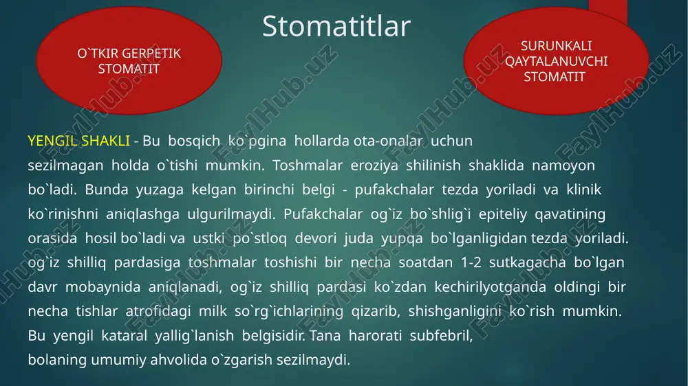 suyuq ekssudat tiniq seroz yoki qon aralashgan holda bo`lib, keyinchalik ularning qurishi natijasida o`rnida oqish-rangsiz yoki to`q qizil po`stloq hosil bo`ladi. toshmalar 2-3 kun, og`irshaklida esa 4-5 kun mobaynida paydo bo`lib turadi. ba’zi bir hollarda uzoqroq davometishi ham mumkin. xastalikning og`ir shaklida - hosil bo`lgan pufakchalar tezda yorilib, bir-biri bilan qo`shilishi natijasida og`iz shilliq pardasiniig lab, lunj, til, tanglay, ba’zi bir hollarda yutqin sohalarida katta yuzaga ega bo`lgan jarohatlar yuzaga keladi. bunday hollarda milk sathining kuchli kataral yallig`lanishi kuzatiladi. milklarda kuchli qizarish, shish paydo bo`ladi va eroziya (shilinish) aniqlanib, shilliq pardoning butunligi buziladi. milk cho`ntaklaridan quyqasimov suyuqlik sizib chiqadi. bolalarning umumiy ahvoli butun toshmalar toshish bosqichi davomida og`irlashadi. ular ovqat, suvdan butkul bosh tortadilar. bu holat organizmning umumiy zaharlanishini kuchaytiradi. tana harorati ko`tarilib, bolaning uyqusi buziladi. ba’zan og`ir hollarda ich ketishi, qusish yoki ich yurishmay qolishi mumkin. xastalikning og`ir kechishiga, bolaning umumiy ahvolining bu qadar yomonlashuviga shilliq pardaga tushgan viruslarning …