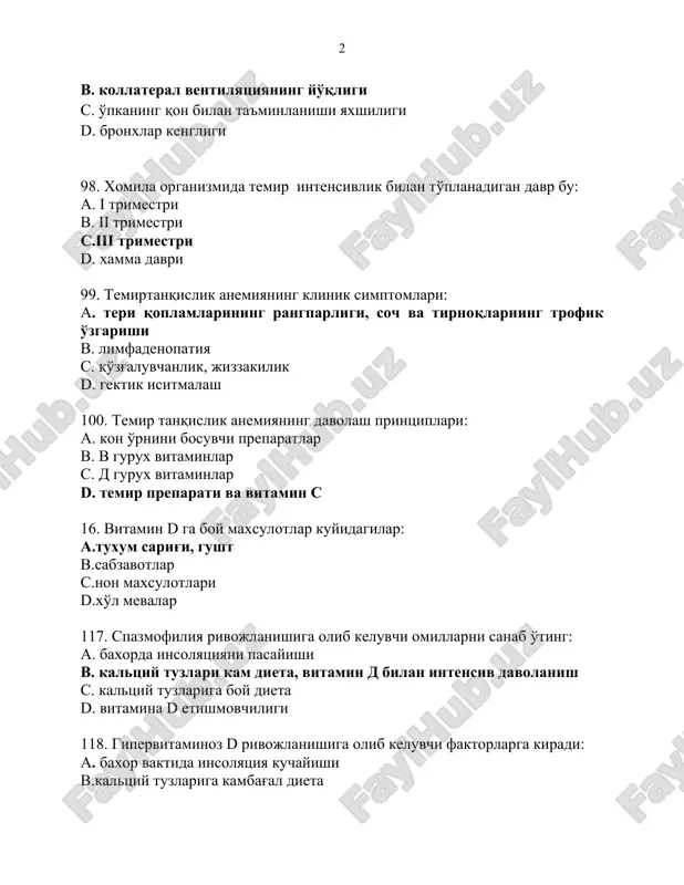 shmovchiligi 118. gipervitaminoz d rivojlanishiga olib keluvchi faktorlarga kiradi: a. baxor vaktida insolyatsiya kuchayishi b.kaltsiy tuzlariga kambag'al dieta c.vitamin d ni kerakligicha qabul qilmaslik d.vitaminddozasini oshib ketishi 119.raxit rivojlanishiga olib keluvchi faktorlar xisoblanadi: a. kuyosh nurini defitsiti v. faqat ko'krak suti bilan emizish s. vitamin d qabuli d.vitamin d dozasini oshib ketishi. 120.raxit rivojlanishiga olib keluvchi faktorlardan biri xisoblanadi: a. chalalik v. faqat ko'krak suti bilan emizish s.vitamin d qabuli d. vitamin d dozasini oshirib yuborish. 121.raxit rivojlanishiga olib keluvchi faktorlar xisoblanadi: a. noratsional sun'iy ovqatlantirish v. faqat ko'krak suti bilan emizish s. vitamin d qabuli d. vitamin d dozasini oshirib yuborish 122.raxitning ilk davriga xos: a.asab sistemasidagi o'zgarishlar v.suyaklar deformatsiyasi s.mushaklar gipotoniyasi d.anemiya. 123.raxitning ilk belgilari boshlanadi: a.1 oylikdan. v.yangi tug'ilgan chaqaloqlarda s.1 eshdan sung d.barcha eshda 124. raxitning erta davri uchun xarakterli: a. terlash, bezovtalik, jizzakilik v. suyak tizimi tomonidan deformatsiyalar s. mushak gipotoniyasi, bo'g'imlar gipotoniyasi d. anemiya …