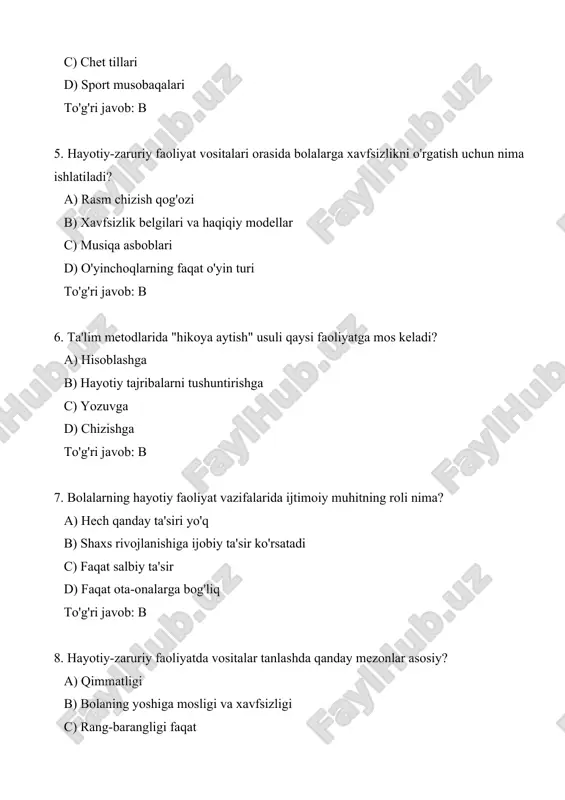 kmalarni shakllantirishga c) o'tmishni o'rganishga d) kelajakni bashorat qilishga to'g'ri javob: b 10. hayotiy faoliyatda bolalarni maktabga tayyorlash vazifasi qaysi? a) faqat o'yin o'ynash b) mustaqillik va mas'uliyatni o'rgatish c) faqat kitob o'qish d) kompyuterda ishlash to'g'ri javob: b 11. ta'lim vositalarida "o'yin"ning o'rni nima? a) faqat dam olish uchun b) hayotiy ko'nikmalarni rivojlantirish vositasi c) jazo berish uchun d) vaqtni to'ldirish uchun to'g'ri javob: b 12. bolalarning psixologik rivojlanishida hayotiy faoliyatning vazifasi? a) faqat jismoniy kuch b) emotsional va kognitiv rivojlanishni ta'minlash c) faqat ijtimoiy izolyatsiya d) nazariy bilimlar to'g'ri javob: b 13. metodlarda "guruhli ish" usuli qaysi faoliyatga mos? a) yolg'iz o'qishga b) ijtimoiy ko'nikmalarni shakllantirishga c) hisob-kitobga d) chizishga to'g'ri javob: b 14. hayotiy-zaruriy faoliyat vositalarida "haqiqiy ob'ektlar"ning afzalligi nima? a) ular qimmat b) bolaga real dunyoni tushunishga yordam beradi c) faqat o'yinchoqlar yaxshi d) vaqtni tejaydi to'g'ri javob: b 15. ta'lim metodlarida xatolarni tuzatish uchun qaysi …