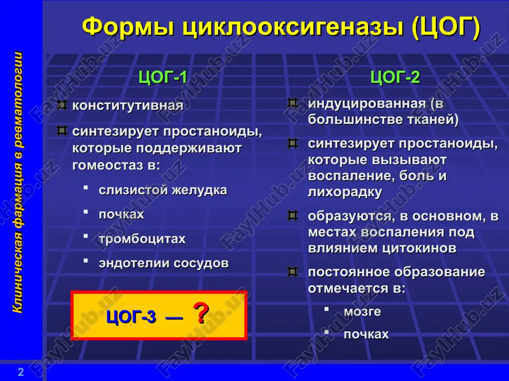 cheskaya farmatsiya v revmatologii klassifikatsiya npvp kombinirovannie preparati artrotek (diklofenak + mizoprostol ) doloren (diklofenak + paratsetomol) abene (fenilbutazon + deksametazon) aspifat (aspirin + sulkralfat) * klinicheskaya farmatsiya v revmatologii vliyanie npvp na metabolizm sustavnogo xryasha ingibiruyut biosintez glikozaminoglikanov atsetilsalitsilovaya kislota indometatsin ibuprofen fenilbutazon ne vliyayut na biosintez glikozaminoglikanov rofekoksib nimesulid tselekoksib diklofenak stimuliruyut biosintez glikozaminoglikanov paratsetamol tiaprofenovaya kislota rofekoksib * klinicheskaya farmatsiya v revmatologii “selektivnie ingibitori tsog-2 – vidayushiysya proriv v terapii. nesmotrya na to, chto oni ne prevosxodyat po effektivnosti standartnie protivovospalitelnie preparati, mnogochislennie klinicheskie dannie chetko svidetelstvuyut o bolee visokoy ix perenosimosti, xotya v visokix dozax oni proyavlyayut nekotoruyu aktivnost po otnosheniyu k tsog-1 “ vane, botting. ijcp 2000; 54: 7-9 * klinicheskaya farmatsiya v revmatologii npvp-gastropatiya 30-40% bolnix – dispepsicheskie narusheniya 10-20% - bessimptomnaya yazva jeludka 2-5% - jeludochnie krovotecheniya * klinicheskaya farmatsiya v revmatologii npvp-gastropatiya faktori riska razvitiya npvp-gastropatii pojiloy vozrast nalichie zabolevaniy jeludka v …