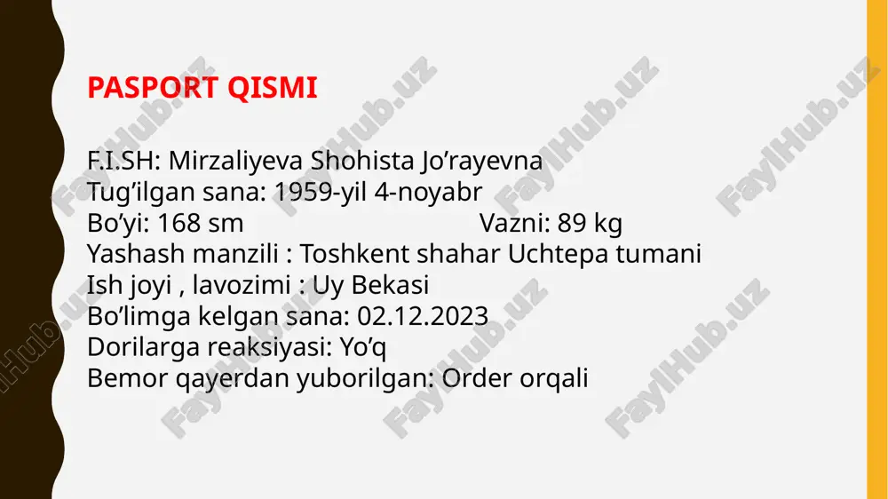i o’rtacha yahshi rivojlangan. nafas olish sistemasi: ko’krak qafasi silindrsimon .nafas olish aktida 2 tomoni ham ishtirok etadi. o’pka chegaralari aniq palpatsiyada og’riqsiz. perkussiyada o’pkada o’pka tovushi . auskultatsiyada 2 tomoni pastki sohalarida vezikulyar nafas susaygan nafas olish soni 18 marta . yurak qon-tomir sistemasi: yurak chegaralari yuqoridan 3- qovurg’a oralig’ida .o’ngdan to’sh suyagidan o’ngda 1,0 sm siljigan 4-qovurg’a oralig’ida , chapdan linea mediaclavicularis dan 0,1 sm ichkarida 5-qovurg’a oralig’ida . auskultatsiyada yurak tonlari bo’g’iqlashgan , ritmik . aorta ustida 2-ton aksenti eshitiladi. aqb 150/100 mm.sim.ust. ga teng. puls 68 ga teng ritmik, o’rta to’liqlikda. oshqazon ichak sistemasi : tili nam biroz oq karash bilan qoplangan . palpatsiyada qorni yumshoq og’riqsiz . jigar kattalashmagan . taloq paypaslanmaydi. ich kelishi qabziyatga moyil. siydik ajratish sistemasi: buyraklar odattagidek paypaslanmaydi turtki simptomi 2 tomonlama manfiy . peshob kelishi kam-kam tez-tez mustaqil . asab sistemasi: es hushi joyida savollarga aniq javob beradi. patalogik reflekslar …