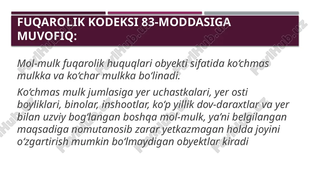 xsga o‘tganligini davlat ro‘yxatidan o‘tkazishdan asossiz ravishda bo‘yin tovlayotgan taraf boshqa tarafning ro‘yxatdan o‘tkazish kechikkanligi tufayli ko‘rgan zararini qoplashi shart. bino, inshoot yoki boshqa ko‘chmas mulk sotilganida ular joylashgan yer uchastkasiga bo‘lgan huquq bino, inshoot yoki boshqa ko‘chmas mulkni sotish shartnomasiga binoan sotib oluvchiga bunday ko‘chmas mulkka egalik huquqini topshirish bilan bir vaqtda ushbu ko‘chmas mulk joylashgan va undan foydalanish uchun zarur bo‘lgan yer uchastkasining muayyan qismiga bo‘lgan huquqlar ham topshiriladi. sotuvchi sotilayotgan ko‘chmas mulk joylashgan yer uchastkasining mulkdori bo‘lgan taqdirda sotib oluvchiga yer uchastkasining tegishli qismiga mulk huquqi yoki ijara huquqi yoxud ko‘chmas mulkni sotish shartnomasida nazarda tutilgan boshqa huquq beriladi sotuvchiga mulk huquqi asosida qarashli bo‘lmagan yer uchastkasida joylashgan ko‘chmas mulkni, agar bunday uchastkadan foydalanishning qonun yoki shartnomada belgilangan shartlariga zid bo‘lmasa, ana shu yer uchastkasi mulkdorining roziligisiz sotishga yo‘l qo‘yiladi. bunday ko‘chmas mulk sotilganida sotib oluvchi ko‘chmas mulkni sotayotgan shaxs yer uchastkasining tegishli qismidan qanday shartlarda foydalangan …