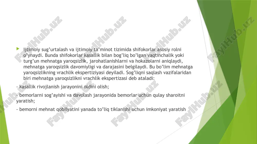 hnat qobiliyatini yo‘qotish xolatini ekspertiza qilish. fuqorolarning vaqtinchalik mehnat qobiliyatini yo‘qotish xolatini ekspertiza qilish, ularning kasalligi, shikastlanishi, xomiladorlik xolati, bemor oila a’zolarini parvarishlash, protezlash, sanatoriya-kurortda davolanish va yuqoridagi vaziyatlarga tenglashtirilgan boshqa xolatlarda qonunda o‘rnatilgan tartib bo‘yicha amalga oshiriladi. vrachlik –mehnat ekspertizasi vrachlik mehnat ekspertizasi quyidagi vazifalarni bajaradi; nogironlik sababi va guruhini, fuqorolarning mehnat qobiliyatini yo‘qotganlik darajasini aniqlash, bemorlarni reablitatsiya qilish muddatlari, turi va xajmini aniqlash hamda ijtimoiy himoyasini ta’minlash, vaziyatga qarab xulosa berish. beriladigan xulosa korxona, muassasa, tashkilot va jamoat birlashmalari uchun asosiy hujjat hisoblanadi. vrachlik mehnat ekspertizasini o‘rnatishni tashkil etish va olib borish qonun bilan o‘rnatilgan tartibda amalga oshiriladi. vrachlik mehnat ekspertizasini o‘tkazgan muassasa xulosasiga norozilik xolati yuzaga kelsa, fuqoroning o‘zi yoki uning qonuniy vakili tomonidan sudga norozilik arizasi bilan murojaat qilinishi mumkin harbiy - vrachlik ekspertizasi bunda alternativ yoki harbiy xizmatga chaqiriluvchi fuqorolarni, shartnoma bo‘yicha harbiy xizmatga kiruvchi, o‘zbekiston respublikasi qurolli kuchlar safida xizmat qiluvchi, ichki ishlar organlarida …