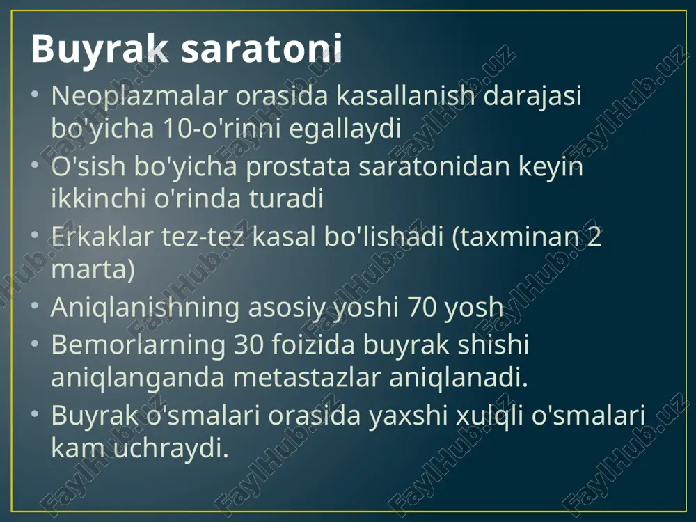 ifi: n - mintaqaviy limfa tugunlari nx - ortgan l.lar mavjudligini aniqlash mumkin emas. n0 - tekshirish vaqtida mintaqaviy l.o.da oʻzgarishlar kuzatilmaydi. n1 - bir pallada metastaz. n2 - bir nechta lobda metastazlar. buyrak saratoni tasnifi : m - uzoq metastazlar mx - o.m. baholab bo‘lmaydi m0 - o.m. aniqlanmagan m1 - mavjud o.m. m1a - bitta metastaz m1b - bir nechta metastazlar buyrak saratoni tasnifi : p - operatsiyadan keyin aniqlanadigan gistologik toifalar p1 - faqat buyrak parenximasiga infiltratsiya qiluvchi o'simta p2 - o'simta buyrakdan tashqariga chiqadi, lekin intrarenal yoki ekstrarenal venalar va limfa tomirlariga infiltratsiya qilmaydi. p3 - o'simta intrarenal yoki ekstrarenal venalar va limfa tomirlariga infiltratsiya qiladi. gruppirovka po stadiyam stadiya t n m i 1a-1b 0 0 ii 2 0 0 iii 1a-3c 1 0 3a-3c 0-1 0 iv 4 2 1 metastaz yengil 32% suyaklar 25% l/s 20% jigar 7,5% vena tomirlarining invaziyasi 10% klinika …