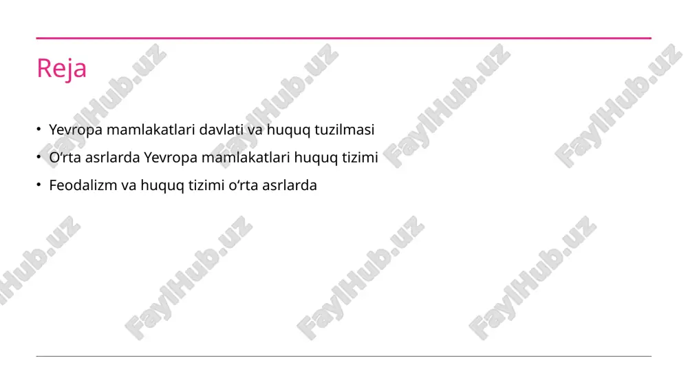 rivojlanadi va shuningdek, shaxsiy huquq va jamiyat huquqining o‘zgarishlari ko‘rsatiladi. yevropa mamlakatlari huquq tizimining shakllanishi huquq tizimining asosiy qismi o‘rta asrlarda yevropa mamlakatlari huquq tizimi feodalizm asosida shakllanib, davlat va jamiyatning huquqiy tartibini belgiladi. qonunlar va tartib yevropa mamlakatlari huquq tizimida, qonunlar va tartiblar davlat rahbarlari tomonidan belgilanib, huquqiy munosabatlarni tartibga soladi. o‘zaro aloqalar va xizmatkorlik huquq tizimining shakllanishida, o‘zaro aloqalar va xizmatkorlik tizimi muhim ahamiyatga ega edi va huquqiy munosabatlarni tuzatib borishda muhim rol o‘ynadi. feodalizm va davlat tizimining aloqasi 1 feodalizmning tushunchasi - feodalizm - qurilishlar, huquq va iqtisodiy aloqalarni belgilovchi o‘rta asr tizimi. 2 davlat tizimining rivojlanishi - feodalizm davlat tizimi sifatida rivojlanish, o‘zaro aloqalar va huquqiy tartib. 3 feodalizm va huquq tizimi - feodalizmning davlat va huquq tizimiga o‘rni, qonunchilik asoslarining shakllanishi va o‘zgarishi. 4 huquqiy tartib va siyosiy nizom - feodalizm va davlat tizimi o‘rtasidagi huquqiy tartibning siyosiy nizomga o‘tishi va o‘zgarishi. feodalizm va huquq …
