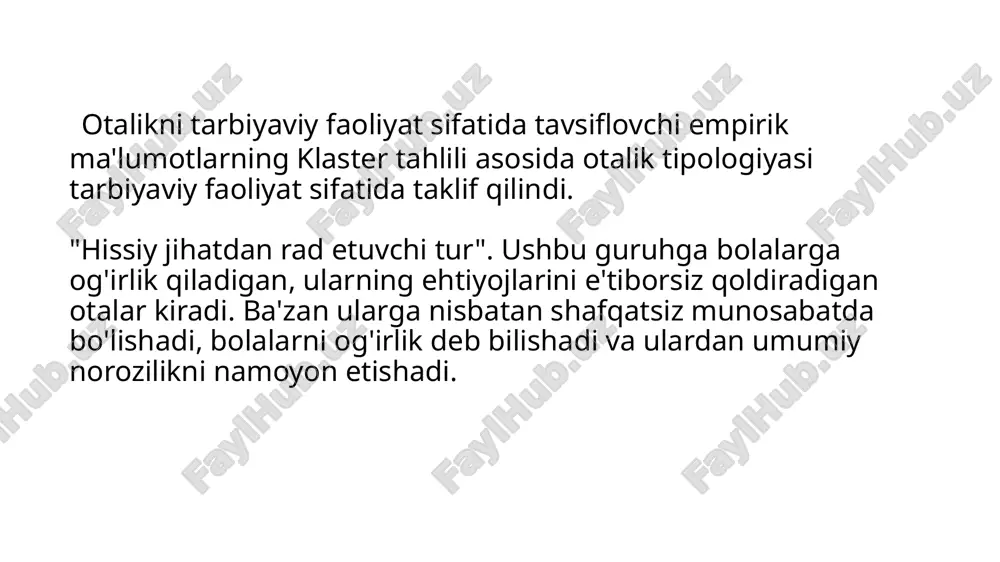 di. ular uni" buzishadi". uning har qanday istagi ular uchun qonundir. shuningdek, ular ongsiz ravishda o'spirinlarga o'zlarining ilgari qondirilmagan ehtiyojlarini loyihalashtiradilar va tarbiyaviy harakatlar orqali ularni almashtirish usullarini izlaydilar. "gipo-oqim turi". ushbu otalar guruhi vasiylik va nazoratning etishmasligi bilan ajralib turadi. o'smirlar nazoratsiz qoladilar, otalar ularga kam e'tibor berishadi, ularning ishlariga qiziqishmaydi, ular "ularga emas". o'smirlarning jismoniy tark etilishi va beparvoligi mavjud. otalar o'smirlar hayotiga kiritilmagan. ular ularning e'tiboridan chetda qoladilar. ular faqat vaqti – vaqti bilan jiddiy narsa yuz berganda olinadi. ota-onalik haqiqatan ham qiyin vazifadir. ota-onalik oila bo'lgan dunyo bilan yanada murakkablashadi: uning iqtisodiyoti, stressi, talablari va boshqalar.haqiqiy ota-onalik, shuningdek, o'z otalari bilan bo'lgan munosabat bilan murakkablashadi, ularning aksariyati umuman yo'q edi yoki o'z farzandlaridan hissiy jihatdan uzoq edi.33 otalik xatti-harakatlarining odatiy modellarining quyidagi xususiyatlari mavjud: otasi pedant. bu uy tartib va intizomning namunasi bo'lishini talab qiladi. otalik, uning fikriga ko'ra, bolani muvaffaqiyatga olib keladigan qoidalar ro'yxatiga rioya …