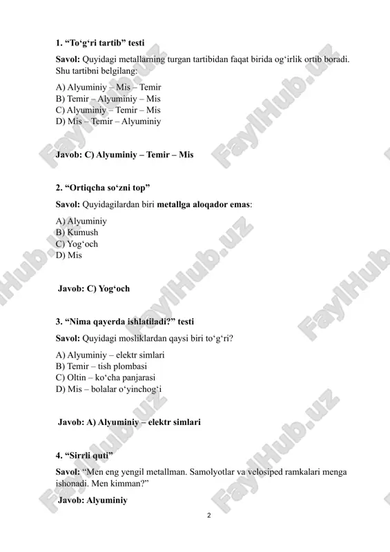 rux javob: c) temir 9. “nimani yasash mumkin?” savol: quyidagi buyumlardan qaysi biri metallardan yasalgan bo‘lishi mumkin? a) stakan b) kreslo yostig‘i c) eshik tutqichi d) daftar qopqog‘i javob: c) eshik tutqichi 10. “kodlangan javob” savol: quyidagi harflar qanday metall nomini yashirgan? i – m – s → ? variantlar: a) mis b) kumush c) temir d) nikel javob: a) mis 11. rasmda berilgan tartib shaklda to’g’irlab yozing std-120 tokarlik stanogi tuzilishi raqamlar bronze aluminum titanum brass berrylim-copper copper-nickel steel nickel nichrome niobium javobi: std-120 tokarlik stanogi tuzilishi raqamlar bronze 2 aluminum 4 titanum 6 brass 3 berrylim-copper 7 copper-nickel 9 steel 1 nickel 8 nichrome niobium 5 10 2 image1.png
