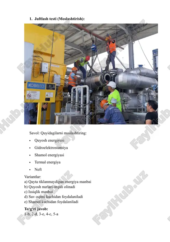 tugaganidan so‘ng uydagi chiroqlarni o‘chiradi. bu nimani anglatadi? to‘g‘ri javob: u energiyani tejaydi va atrof-muhitni asraydi. 8. tushuncha top testi (men kimman?): savol: men suv, shamol va quyoshdan olinaman. atrof-muhitga zarar yetkazmayman. qayta tiklanaman. men kimman? to‘g‘ri javob: qayta tiklanuvchi energiya manbai 9. savol-javob testi: savol: qanday qilib oddiy o‘quvchi energiyani tejashi mumkin? to‘g‘ri javob: chiroqni o‘chirish, telefonni uzoq zaryadda ushlab turmaslik, suvni behuda oqizmaslik 10. farqni top testi: savol: quyidagi juftliklardan qaysi biri biri qayta tiklanadigan, ikkinchisi esa tiklanmaydigan energiya manbai hisoblanadi? a) quyosh – neft b) ko‘mir – gaz c) shamol – quyosh d) neft – ko‘mir to‘g‘ri javob: a) quyosh – neft image1.jpeg image2.jpeg image3.jpeg