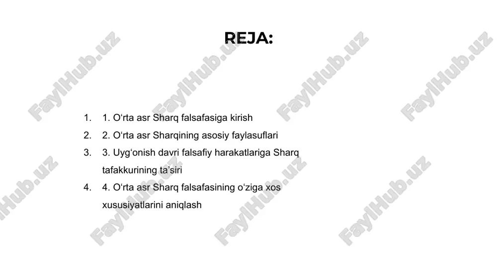 hda muhim rol oʻynadi. 4. sharq tafakkurida garmoniya tushunchasi o'rta asr sharq falsafasida uyg'unlik tushunchasi olamdagi barcha narsalarning muvozanati va o'zaro bog'liqligini tushunish uchun markaziy o'rin tutgan. unda hayotning barcha jabhalarida birlik va muvozanatni topish muhimligi ta'kidlangan. uyg'onish davri sharq falsafasiga, xususan, uyg'unlik g'oyasiga qiziqishning qayta kuchayishini ko'rsatdi. bu sharq va g'arb tafakkurining uyg'unlashuviga olib keldi, natijada muvozanat va hamkorlikning yangi tushunchasi paydo bo'ldi. sharq tafakkuri barcha mavjudotlarning oʻzaro bogʻliqligini, uygʻunlikka erishish uchun hamkorlik va tushunish zarurligini taʼkidlagan. bu kontseptsiya uyg'onish davri mutafakkirlarining san'at, fan va falsafaga bo'lgan munosabatiga ta'sir ko'rsatdi. 5. o‘rta asr sharq falsafasida tabiatning o‘rni o'rta asrlar sharq falsafasida tabiat ilhom manbai va dunyoni va o'zini o'zi anglash uchun yo'l-yo'riq manbai sifatida muhim rol o'ynadi. uyg'onish davri insonparvarlik tomon siljish va tabiat olamiga qiziqishning yangilanishini ko'rsatdi, bu esa tabiatning go'zalligi va murakkabligini chuqurroq tushunishga olib keldi. “o‘rta asrlar sharq falsafasida tabiatning o‘rni” insoniyat va atrof-muhitning o‘zaro bog‘liqligini …
