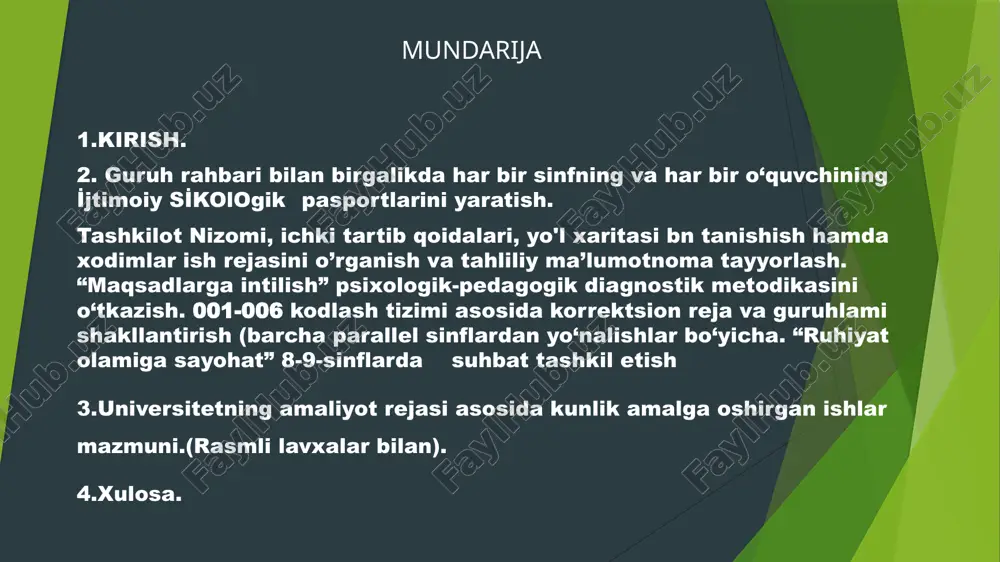 . metodika orqali o‘quvchilarning maqsadlarni belgilash, ularga erishish uchun strategiyalarni ishlab chiqish va o‘z kuchlariga ishonchni oshirishga qaratilgan testlar va amaliy mashqlar o‘tkazildi. test natijalarini tahlil qilib, o‘quvchilarning motivatsion darajasini va maqsadlarga intilish yo‘nalishlarini aniqladim. natijada, o‘quvchilarga o‘z maqsadlariga erishishda yordam berish uchun individual tavsiyalar berdim. amaliyotning uchinchi kuni 05.03.2025 001-006 kodlash tizimi asosida korrektsion reja va guruhlarni shakllantirish maqsadida barcha parallel sinflardan o‘quvchilarni yo‘nalishlar bo‘yicha guruhladim. har bir guruhning ijtimoiy-psixologik holatini, o‘quvchilarning individual xususiyatlarini va ehtiyojlarini hisobga olib, ularni alohida yo‘nalishlar bo‘yicha ajratdim. kodlash tizimi yordamida guruhlar bir-biriga moslashtirilib, har bir o‘quvchining psixologik xususiyatlari va ta'limdagi ehtiyojlari asosida maxsus korrektsion tadbirlar ishlab chiqildi. amaliyotning to’rtinchi kuni 06.03.2025 “ruhiyat olamiga sayohat” treningini 8-9-sinf o‘quvchilari uchun o‘tkazdim. treningda o‘quvchilarga o‘z ruhiyatini tushunish, stressni boshqarish va o‘zini anglash bo‘yicha mashqlar o‘tkazildi. mashg‘ulotlar orqali o‘quvchilar o‘z hissiy holatini tahlil qilib, stressli vaziyatlarni qanday boshqarish kerakligini o‘rgandilar. natijada, o‘quvchilarning o‘zini anglash darajasi oshdi va …
