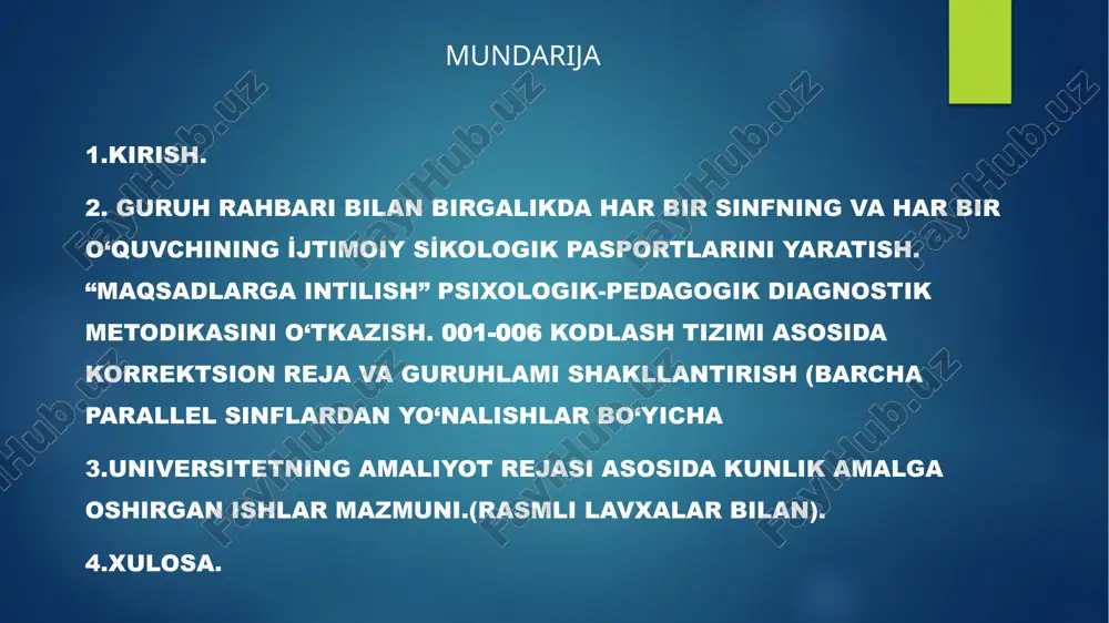 arga o‘z maqsadlarini aniq belgilash va ularga erishish yo‘llari bo‘yicha psixologik maslahatlar berildi. amaliyotning uchinchi kuni 05.03.2025 amaliyot davomida 001-006 kodlash tizimi asosida korrektsion reja va guruhlarni shakllantirish bo‘yicha ish olib bordim. barcha parallel sinflardan yo‘nalishlar bo‘yicha o‘quvchilarning psixologik holati tahlil qilindi va ularga mos keladigan korrektsion guruhlar ajratildi. ushbu reja asosida individual va guruhiy ishlash strategiyalari belgilandi. o‘quvchilarning ehtiyojlariga qarab maxsus mashg‘ulotlar tashkil etildi va pedagogik tavsiyalar ishlab chiqildi. amaliyotning to’rtinchi kuni 06.03.2025 8-9-sinf o‘quvchilari bilan “ruhiyat olamiga sayohat” mavzusida trening tashkil etdim. trening davomida o‘quvchilarning ichki hissiy olamini anglash, o‘zini tushunish va boshqalarni his qilish ko‘nikmalarini rivojlantirishga qaratilgan mashqlar bajarildi. turli psixologik texnikalar, jumladan, interaktiv o‘yinlar va guruhli muhokamalar orqali o‘quvchilar o‘z fikrlarini erkin ifoda etdilar. trening o‘quvchilarning psixologik holatini yaxshilashga va ularning o‘zaro munosabatlarini mustahkamlashga xizmat qildi. amaliyotning beshinchi kuni 07.03.2025 yuqori sinf o‘quvchilari bilan “xavotirlanish darajasini aniqlash” metodikasini o‘tkazdim. ushbu metodika yordamida o‘quvchilarning stress va tashvish …