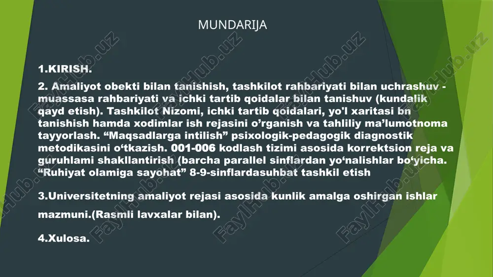 lik harakatlarining oldini olish bo‘yicha profilaktik chora-tadbirlar ishlab chiqildi va targ‘ibot ishlari olib borildi. amaliyotning uchinchi kuni 05.03.2025 tashkilot psixologining hujjatlari bilan tanishdim. ularning tarkibiga diagnostik testlar, psixologik kuzatuv natijalari, konsultatsiya jurnallari hamda o‘quvchilar bilan olib boriladigan ish rejalari kiritilgan.shuningdek, biriktirilgan sinf bilan tanishib, o‘quvchilarning ijtimoiy-psixologik muhitini o‘rganish, ularning o‘zaro munosabatlari va dars jarayonidagi faolligini kuzatish ishlari amalga oshirildi. natijalar asosida kelgusida olib boriladigan psixologik-pedagogik ishlar belgilandi. amaliyotning to’rtinchi kuni 06.03.2025 8–9-sinflar o‘quvchilari bilan “ruhiyat olamiga sayohat” mavzusida suhbat tashkil etildi. ushbu suhbat davomida o‘quvchilarga inson ruhiyati, hissiyotlar, stress va stressni yengish usullari haqida ma’lumot berildi.shuningdek, o‘quvchilar bilan interaktiv mashg‘ulotlar o‘tkazilib, ularning hissiy holati va psixologik barqarorligini oshirishga yo‘naltirilgan mashqlar bajarildi. suhbat yakunida o‘quvchilarning o‘z fikrlarini ifoda etishlari, hayotiy vaziyatlarga qanday munosabatda bo‘lishlari va ruhiy sog‘lomlikni saqlash bo‘yicha tavsiyalar berildi. amaliyotning beshinchi kuni 07.03.2025 sinfga moslasha olmagan o‘quvchilar bilan individual ish olib borildi. ularning moslashuv muammolari, psixologik holati va ijtimoiy …