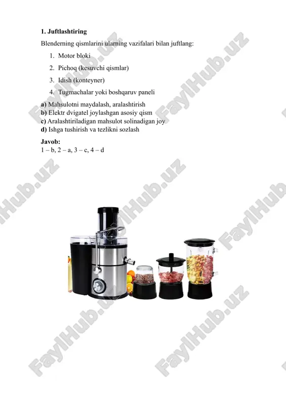 adi? a) blender b) multivarka c) konveksion pech d) mikser javob: c) konveksion pech 7. bo‘sh joyni to‘ldiring sous-vide texnologiyasi __________ haroratda, __________ holatda pishirish usulidir. javob: past; vakuumli 8. ketma-ketlikni toping multivarka yordamida guruchli taom tayyorlash bosqichlarini to‘g‘ri tartibda joylashtiring: 1. multivarkani yoqish 2. guruchni yuvish 3. suv va tuz qo‘shish 4. “pishirish” rejimini tanlash 5. multivarkaning qopqog‘ini yopish javob: 2 – 3 – 5 – 1 – 4 9. rasmga qarab test (so‘zli tasvir) ushbu asbob ichiga mahsulot solinadi, yuqoridan bosimda bug‘ yuboriladi. bu nima? a) parovarka b) mikser c) blender d) gaz plitasi javob: a) parovarka 10. mantiqiy bog‘liqlikni toping multivarka – pishirish; blender – maydalash; mikrotolqinli pech – ? a) sovutish b) bug‘ chiqarish c) qizdirish d) suv berish javob: c) qizdirish 11. noto‘g‘ri javobni toping qaysi biri zamonaviy oshxona texnikasiga kirmaydi? a) multivarka b) blender c) plashka d) mikrotolqinli pech javob: c) plashka 12. sabab-oqibat …