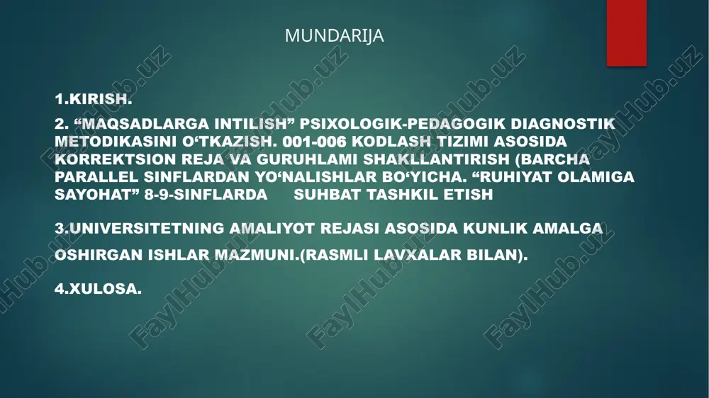iyalar ishlab chiqildi. amaliyotning uchinchi kuni 05.03.2025 001-006 kodlash tizimi asosida barcha parallel sinflardan yo‘nalishlar bo‘yicha korrektsion reja va guruhlarni shakllantirdim. o‘quvchilarning individual xususiyatlari va ehtiyojlarini inobatga olgan holda korrektsion ishlar rejalashtirildi. ushbu jarayonda sinf rahbarlari va psixologlar bilan hamkorlik qilindi. natijalar tahlil qilinib, kerakli tavsiyalar ishlab chiqildi. amaliyotning to’rtinchi kuni 06.03.2025 8-9-sinf o‘quvchilari bilan “ruhiyat olamiga sayohat” mavzusida suhbat tashkil qildim. suhbat davomida o‘quvchilarning ruhiy holati, ichki hissiy tajribalari va shaxsiy o‘sish jarayonlari haqida fikr almashildi. o‘quvchilarning o‘zlarini anglashlari va tushunishlariga yordam beruvchi savollar, psixologik mashqlar va interaktiv usullar qo‘llanildi. trening yakunida o‘quvchilarga tavsiyalar berildi va fikr-mulohazalari tinglandi. amaliyotning beshinchi kuni 07.03.2025 yuqori sinf o‘quvchilari orasida “xavotirlanish darajasini aniqlash” metodikasini o‘tkazdim. tadqiqot davomida o‘quvchilarning tashvish va xavotir darajasi baholandi. natijalarga asoslanib, ularga stressni kamaytirish, ichki his-tuyg‘ularni boshqarish hamda o‘ziga bo‘lgan ishonchni oshirish bo‘yicha tavsiyalar berildi. shuningdek, psixologik qo‘llab-quvvatlash mashg‘ulotlari rejalashtirildi. amaliyotning oltinchi kuni 10.03.2025 o‘quvchilarning “tashkilotchilik va kommunikativlik qobiliyatini …