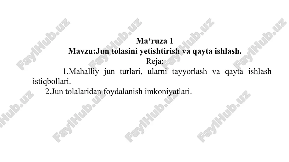mlarga ishlov berish, boʻyash, gul bosish, issiqlik bilan ishlov berish kabi jarayonlar toʻrtinchi bosqich hisoblanadi.junni qayta ishlash insoniyat tarixida toʻqimachilik mahsulotlarini i. ch. kabi bir necha ming yillar avval paydo boʻlgan. qoʻlda ip tayyorlash va gazlama toʻqish hindiston, xitoy, misr va oʻrta osiyoda miloddan bir necha ming yil ilgari boshlangan. xorazmda arxeologik kazishmalar paytida mil. av. 1-ming yillikka mansub gilamlar topilgan. oʻzbekistonda qadimda jundan, ayniqsa qoʻy va tuya junidan kigiz bosish, gilam toʻqish boy anʼanaga ega. 20-asrning 20-y.larida mayda tarqoq hunarmandlar artellarga birlashib, sanoat tarzida mahsulot i. ch. tashkil etilishi bilan junni qayta ishlash sanoatiga poydevor qoʻyildi. junni dastlabki qayta ishlash korxonasi dastlab 1930-yil ishga tushirilgan. ikkinchi jahon urushi yillarida qoʻqon yigiruv-toʻquv fabrikasida yarim jun adyollar i. ch. yoʻlga qoʻyilgan. 1970-yil loyiha quvvati 2 mln. m2 boʻlgan xiva gilam kombinati ishga tushirildi. uning tarkibida apparat tizimida jun va kimyoviy tolalar aralashmasidan yigirilgan ip ishlab chiqaruvchi fabrika, toʻquv korxonasi va pardozlash …