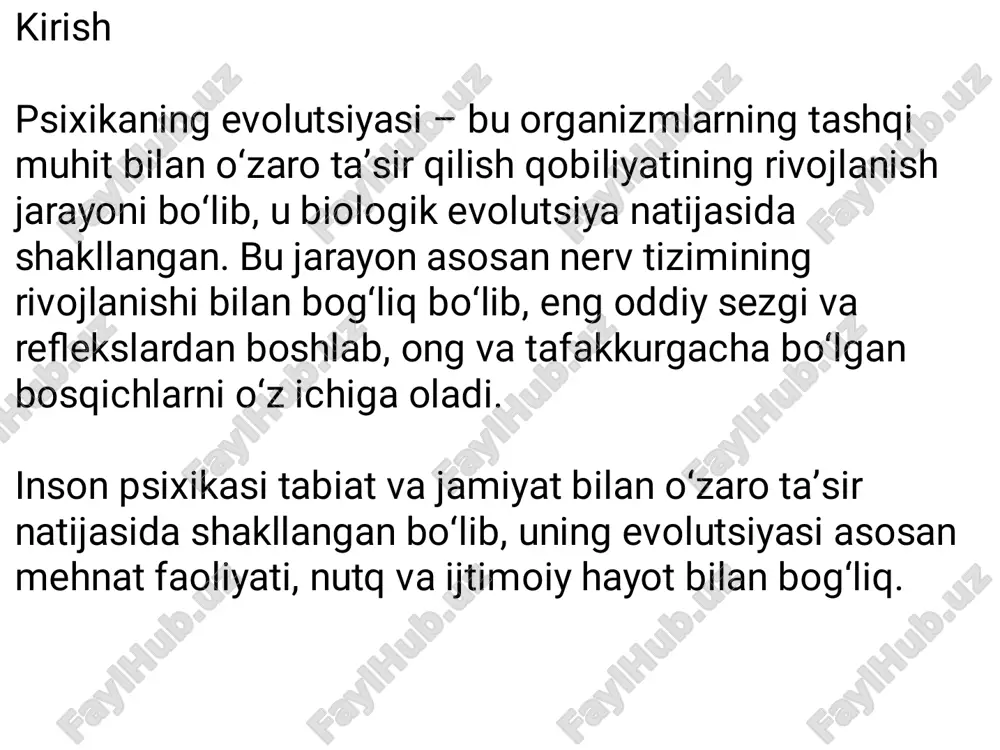 diy shartli reflekslar va instinktiv xulq-atvor shakllanadi.��� 2.2.2. umurtqalilardagi psixikaning rivojlanishi�� baliqlar va amfibiyalar – rivojlangan sezgi organlari va oddiy o‘rganish qobiliyatiga ega.�� sudralib yuruvchilar – xotira elementlari paydo bo‘ladi, oddiy muammolarni hal qila oladi. quşlar va sutemizuvchilar – murakkab ijtimoiy xulq-atvor va o‘rganish qobiliyatiga ega bo‘lib, ularning miyasi oldingi hayvonlarnikiga qaraganda ancha rivojlangan.��� 2.2.3. primatlar va inson ajdodlarida psixika rivojlanishi�� primatlar – abstrakt fikrlash, vositalardan foydalanish, o‘zaro hamkorlik qilish va muloqot qilish qobiliyatiga ega.�� inson ajdodlari – ong va tafakkur rivojlanib, murakkab muloqot va ijtimoiy hayot shakllanadi.� xulosa�� psixikaning evolutsiyasi tirik organizmlarning atrof- muhitga moslashishi jarayoni natijasida shakllangan. eng oddiy sezgi reflekslardan boshlab, murakkab tafakkur va onggacha bo‘lgan bosqichlar nerv tizimining rivojlanishi bilan bog‘liq. insonning oliy psixik faoliyati, jumladan ong, tafakkur va nutq, uning ijtimoiy va mehnat faoliyati natijasida shakllangan.