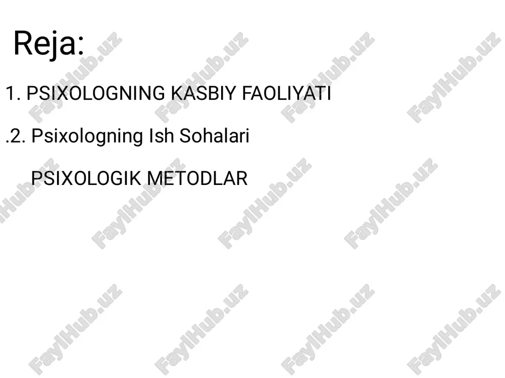 i�� psixolog bemorning tabiiy yoki maxsus tashkil qilingan sharoitdagi xulq-atvorini kuzatib, ma’lumot to‘playdi.� tabiiy kuzatish – odamning odatiy muhitdagi harakatlarini o‘rganish.� ✅ strukturaviy kuzatish – oldindan belgilangan mezonlarga asoslangan tahlil.� • e‘tiboringiz uchun raxmat