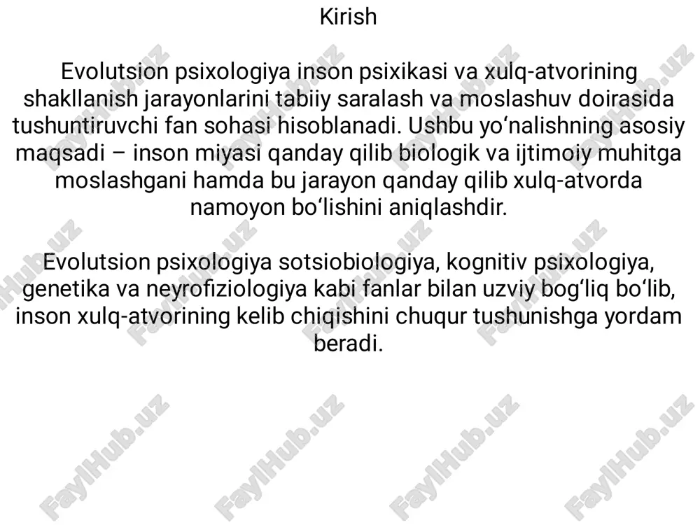 damlarning ijtimoiy guruhlarga qo‘shilish ehtiyoji, hamkorlik qilishga moyilligi yoki agressiya va himoya mexanizmlari shunday moslashuvlar natijasidir.�� 2.3. emotsiyalar va ularning evolutsion roli�� emotsiyalar inson xulq-atvorining muhim qismi bo‘lib, ular evolutsion moslashuv natijasida shakllangan:�� qo‘rquv – xavfdan qochish va omon qolishga yordam beradi.�� baxt va quvonch – ijobiy ijtimoiy aloqalarni rag‘batlantiradi.�� g‘azab – o‘z huquq va resurslarini himoya qilishga yordam beradi.� ijtimoiy xulq-atvor va kooperatsiya�� inson jamiyatda yashaydi, shuning uchun ijtimoiy munosabatlar va hamkorlik evolutsiyada katta ahamiyatga ega bo‘lgan. evolutsion psixologlar insonning hamkorlik qilish va ijtimoiy me’yorlarga rioya qilish xususiyatlarini o‘rganadilar.� evolutsion psixologiyaning tadqiqot usullari�� 3.1. paleontologik va tarixiy dalillar�� arxeologik va paleontologik topilmalar inson ajdodlarining xulq-atvori haqida ma’lumot beradi. hayvonlar xulq-atvorini o‘rganish�� evolutsion psixologlar hayvonlar xulq-atvorini o‘rganib, inson xulq-atvori bilan taqqoslaydilar. masalan, shimpanzelarning ijtimoiy xatti-harakatlari inson bilan o‘xshash jihatlarga ega.�� 3.3. eksperimental va neyrobiologik tadqiqotlar�� zamonaviy psixologlar neyrobiologik tadqiqotlar orqali inson miyasi va xulq- atvori o‘rtasidagi bog‘liqlikni o‘rganadilar.��� ---�� 4. …