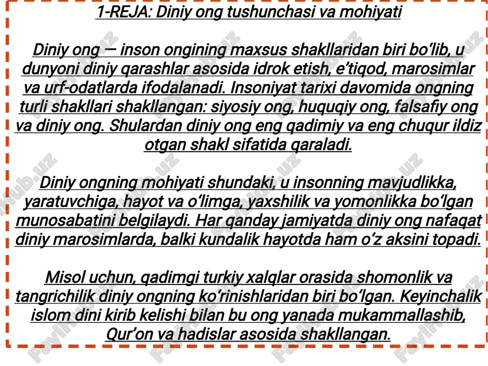 zax haqidagi tushunchalar shakllanishi. bu tasavvurlar diniy rivoyatlar, qur’on oyatlari va hadislar orqali mustahkamlanadi.��� 3. diniy marosimlar – namoz, ro‘za, zakot, haj kabi ibodatlar diniy ongning amaliy ko‘rinishi hisoblanadi.� 4. diniy qadriyatlar – halollik, sabr, mehr-oqibat, adolat kabi tushunchalar.���� diniy ong tarkibiy qismlarining barchasi jamiyat hayotida muhim rol o‘ynaydi. masalan, e’tiqod odamning qalbida barqarorlikni ta’minlasa, marosimlar uni jamiyat bilan bog‘laydi.�� qiziqarli fakt: o‘zbek xalqida yangi tug‘ilgan chaqaloqqa azonni qulog‘iga aytish marosimi diniy ongning qadimdan xalq hayotida muhim o‘rin tutganini ko‘rsatadi. 3-reja: etnopsixologiyada diniy ongning o‘rni�� etnopsixologiya — millat va elatlarning ruhiyati, milliy xarakteri, mentaliteti va ongini o‘rganuvchi fan. unda diniy ong alohida o‘rin tutadi, chunki har bir millatning ongida diniy qadriyatlar chuqur singib ketgan bo‘ladi.�� masalan, o‘zbek xalqining diniy ongini islom dini belgilaydi o‘zbek milliy ruhiyatida mehmondo‘stlik, mehr-oqibat, kattalarga hurmat va kichiklarga izzat kabi sifatlar asosan diniy qadriyatlarga borib taqaladi.�� etnopsixologik jihatdan diniy ong millatning o‘zligini saqlash, milliy birligini mustahkamlash, …