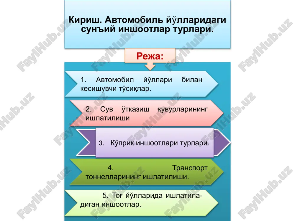 rning turlari. a) ko'priklar, b) yo'lo'tkazgichlar, v) jarko'priklar, g) estakadalar yo'lo'tkazgichlar yo'llarni birining ustidan ikkinchisini va kerak deb topilsa uchinchi va hokazolarini o'tkazish uchun quriladi. jarko'priklar - chuqur jarliklarning ustidan yoki past joylarning ustidan yo'llarni katta (20 m.dan va undan xam ko'p) balandlikda o'tkazish zarurligi bo'lgan hollarda quriladi. estakadalar - yo'llarni har xil insho-otlarning tepasidan, botqoqliklar ustidan, tor joylardan ko'p qavatli yo'llar o'tkazish zarurligi bo'lgan hollarda va yo'llarning o'tkazgichlarga ulanadigan qismlariga quriladi. transport tunnellari - er yoki suv ostidan, tog' jinslari orasidan yo'llarni o'tkazish uchun quriladigan inshootlar. tonnel - bu transport, suv o'tishi, kommunikatsiyalar joylashishi va boshqa maqsadlarga mo'ljallangan, yotiq yoki qiya joylashgan, er osti yoki suv osti sun'iy inshooti bo'lib, uning uzunligi ko'ndalang o'lchovlaridan birmuncha katta bo'ladi. bulardan tashqari tog'li hududlarda yo'llar quriladigan joylardagi to'siqlarning ustidan yo'l qatnovini to'g'ri amalga oshirish uchun sharoitga ko'ra har xil inshootlar qurilishi kerak bo'ladi. ularga yarim ko'priklar, galereyalar, balkonlar, tirgak va qoplovchi devor …