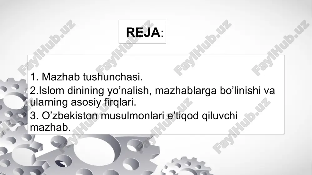 tda aks etgan ko’rinib turubdiki butun musulmonlar olamining 49%ni hanafiylar 25%ni shofe’iylar 17%ni molikiylar 1,5%ni xanbaliya mazhabiga e’tiqod qiluvchilar tashkil etadi. hanafiylik – diniy-huquq mazhablaridan biri. abu hanifa nu’mon ibn sobit (q. imomi aʼzam) asos solgan. hanafiylik qoidalari abu yusuf yoqub (795-yil), muhammad ash-shayboniy (804-yil), quduriy (1036-yil) va boshqa asarlarida ishlab chiqilgan. bu mazhab tarafdorlari fiqhning 4 asosiy manbaini eʼtirof etish bilan birga boshqa mazhablar vakillariga nisbatan fiqh talablariga rioya etishning qiyos va ijtihod usullaridan kengroq foydalanadi. hanafiylik 11-asrdan boshlab shimol va sharqqa keng yoyilgan. kichik osiyo, bolqon, shim. kavkaz, qora dengiz, volga boʻylari, oʻrta osiyo mamlakatlari, afgʻoniston, hindiston va xitoyning olis hududlariga tarqalgan. hozirgi davrda dunyo musulmonlarining qariyb yarmi, shu jumladan, yurtimiz musulmonlari hanafiylik mazhabiga amal qilgan holda musulmonchilik qonun-qoidalarini bajarib kelmoqda olingan manbalari: https://uz.wikipedia.org http://www.fikr-uz.narod.ru youtube.com channel: hanafiy uz image3.jpeg image2.jpeg image4.jpeg image5.jpeg image6.jpeg image7.jpeg image8.jpeg image1.jpeg /docprops/thumbnail.jpeg