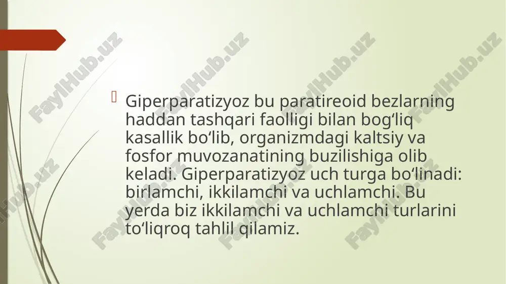 osfor: yuqori (buyrak yetishmovchiligida) yoki past (d vitamini tanqisligida). 25-oh vitamin d: past daraja. alkalen fosfataza: yuqori (suvaksimon o‘zgarishlar tufayli). davolashdan maqsad kaltsiy va fosfor muvozanatini tiklash. paratireoid gormon (pth) ishlab chiqarilishini normallashtirish. davolash vitamin d qo‘shimchalari: kaltsitriol (faol shakl) yoki d3 vitamini. kaltsiy qo‘shimchalari: kaltsiy karbonat yoki kaltsiy sitrat. fosfat cheklovchilar: sevelamer, lantaniy karbonat (buyrak yetishmovchiligida). dializ: buyrak yetishmovchiligida elektrolitlarni nazorat qilish. buyrak transplantatsiyasi (og‘ir hollarda). uchlamchi giperparatizyoz uchlamchi giperparatizyoz odatda uzoq davom etgan ikkilamchi giperparatizyoz natijasida yuzaga keladi. bu holatda paratireoid bezlar mustaqil ravishda pth ishlab chiqarishni davom ettiradi, hatto gipokaltsiyemiya bartaraf etilgan bo‘lsa ham. bu giperplaziya yoki adenoma rivojlanishi bilan bog‘liq bo‘lishi mumkin. sabablari surunkali buyrak yetishmovchiligi: ikkilamchi giperparatizyozning davom etishi. d vitamini tanqisligi va gipokaltsiyemiyaning uzoq davom etishi. klinik belgilari: kaltsiy darajasining haddan tashqari oshishi (giperkaltsiyemiya). suvaksimon to‘qimalarda og‘riq, sinishlar. buyrakda toshlar. yurak va asab tizimi buzilishlari (aritmiyalar, ruhiy o‘zgarishlar). davolashdan maqsad giperkaltsiyemiya va pth darajasini …