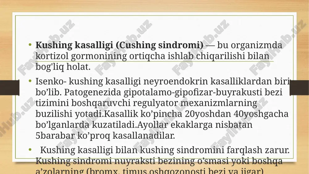 teskari aloqa orqali acth chiqarilishini inhibe qiladi. ammo kushing kasalligida bu mexanizm shish tufayli buziladi. 4. fiziologik ta'sirlar: ko'tarilgan kortizol turli metabolik o'zgarishlarga olib keladi, shu jumladan glyukoneogenezning kuchayishi, yog 'almashinuvining o'zgarishi va immunitetni bostirish xarakterli klinik belgilarga olib keladi. alomatlari kushing kasalligining asosiy alomatlari quyidagilar: oshqozon atrofida yog' to'planishi: giperlipidemiya va metabolik sindrom. qon bosimining oshishi: gipertoniya. o'zgaruvchan kayfiyat: depressiya, tashvish va asabiylik. terining o'zgarishlari: sariq rang, akne, cho'zilish belgilarining paydo bo'lishi. odatdagi vazn o'zgarishlari: tez vazn olish yoki yo'qotish. oyoqlarda shish: suv to'planishi. diagnostika. kushing kasalligini aniqlash uchun quyidagi tadqiqotlar o’tkaziladi: 1.qon tahlillari: kortizol va acth darajalarini o’lchash. 2.urinaliz: 24 soatlik urinada erkin kortizolni o’lchash. 3.o'zgaruvchan stress testlari: dexametazon testi. 4.tasviriy tadqiqotlar: mri yoki kt yordamida hipofiz va adrenal bezlarni tekshirish. deksametazonli sinama, isenko-kushing sindromini tashxislashda muhim rol o'ynaydi. ushbu sinama, kortizol darajasini baholash uchun o'rganiladi. sinama jarayoni: 1. deksametazonni qabul qilish: bemor kechqurun deksametazonni ichadi. 2. qon …