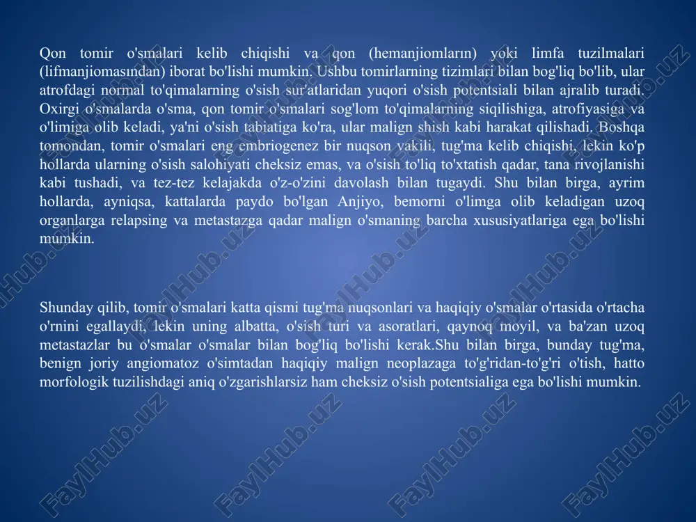 ; kavernoz + dallanmış). aralash (gemangiolimfoma, gemangiofibrom, neyroangiofibrom). tizimli angiomatoz. xomilalik intrauterin hayot davrida ham, allaqachon shakllangan organizmda ham hemanjiomaning rivojlanishida travma, infektsiya va gormonal kasalliklar kabi omillar rol o'ynashi mumkin, ammo ular faqat morfologik jihatdan mavjud bo'lgan patologik markazning "uyqu" o'sishining stimulyatorlari kabi, ammo klinik jihatdan hech narsa hali namoyon bo'lmaydi. ushbu kasallik bir qator xususiyatlarga ega. bir tomondan, u yaxshi xulqli neoplazmalarga bog'liq bo'lishi mumkin, chunki hemanjioma malign shish paydo bo'lishiga olib kelmaydi, metastazlarni bermaydi va bemorni o'limga olib keladigan kaşeksiyaga olib kelmaydi. boshqa tomondan, hemanjiomların ayrim shakllari o'sish va takrorlanish uchun bir moyillik bor. bundan tashqari, keng tarqalgan hemanjiomalar, ekstremal to'qimalarni o'stirish, skelet mushaklarining progressiv atrofiyasi va degenerativ degeneratsiyasini, shuningdek, og'ir, ba'zan o'lik, professional qon ketish bilan terining yaralanishini keltirib chiqaradi. bu belgilarning barchasi tahlil qilinadigan patologiyaning jiddiyligi va murakkabligini ko'rsatadi https://medbe.ru/materials/angiologiya/gemangiomy/ kapillyar gemangioma gistologik rasm https://upload.wikimedia.org/wikipedia/commons/d/d3/lobular_capillary_hemangioma_%281799717755%29.jpg gemangiomani davolash jarrohlik skalpel yordamida eksizyon umumiy behushlik yordamida amalga …