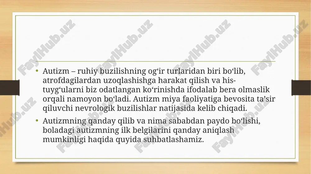 agi qiyinchiliklar sabab boʻlganini aytishadi. miya faoliyatida buzilishlar kuzatila boshlagach, bemorda giperfaollik va intellektning pasayishi qayd etiladi. shunga qaramasdan, mutaxassislar autizmga maʼlum belgilarga qarab tashxis qoʻyish qiyin ekanligini aytishadi. aniq tashxis qoʻyish uchun shifokor koʻmagi va bir qator tahlillar kerak boʻladi. tashxis qanchalik erta qoʻyilsa, ota-ona va mutaxassislar davolash jarayonini shunchalik erta boshlashlari mumkin. autizmga chalingan bolalarning bir qismi oʻrta maktabni tugatishadi, kasb oʻrganishadi, nufuzli joylarda ishlashadi. shunga qaramasdan, autizmga chalingan insonlarning shaxsiy hayotni izga tushirishlari va oila qurishlari juda qiyin boʻladi. autizmni davolash mumkinmi? mutaxassislar autizmni davolash uchun bir nechta usullarni taklif etishadi. ularning aytishlaricha, kichik yoshdagi bemorga har tomonlama yordam berish zarur. yaʼni, davolash muolajasi oʻzida tibbiy aralashuvni ham, bolaning ijtimoiy moslashuvini ham, ruhiy koʻmakni ham jamlagan boʻlishi kerak. ayrim hollarda nafaqat bolaga, balki uning ota-onasiga ham ruhshunos koʻmagi kerak boʻladi. kasallikni davolash jarayonida bolaning ota-onasi va boshqa oila aʼzolari bilan oʻzaro munosabatlarini yaxshilashga ham katta eʼtibor qaratiladi, …