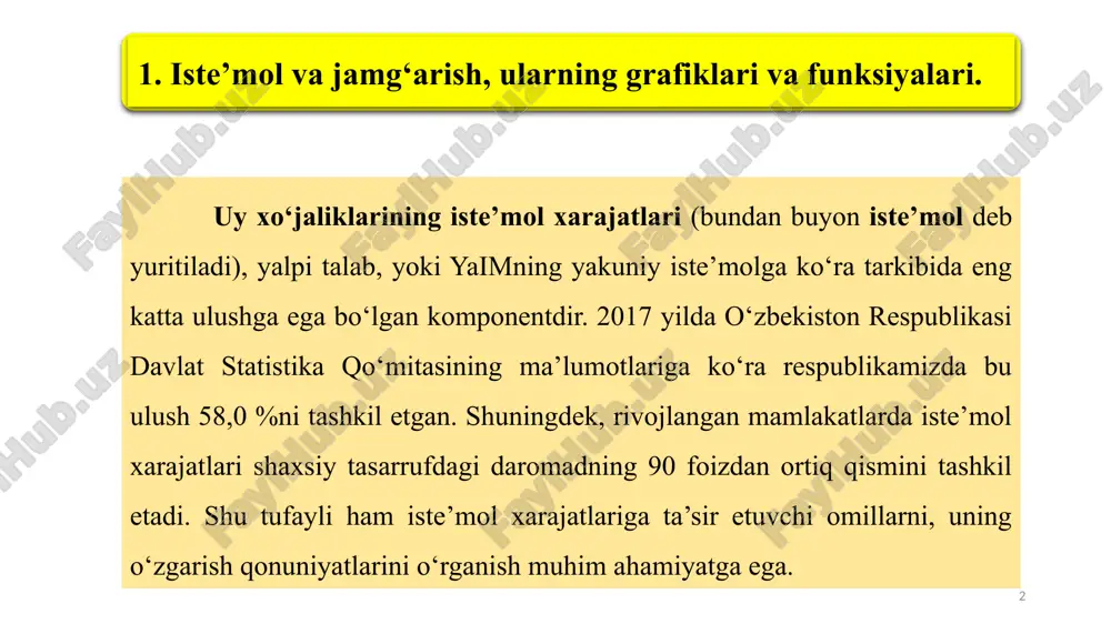 chizamiz. 5 1-rasm. iste’mol grafigi 6 iste’mol grafigi ikki to‘g‘ri chiziq ko‘rinishida berilgan. bissektrisa ko‘rinishidagi yd =c to‘g‘ri chizig‘ining har bir nuqtasida iste’mol va tasarrufidagi daromad hajmlari teng bo‘ladi. haqiqiy iste’mol (c) grafigi haqiqiy iste’mol va daromad teng bo‘lgan nuqtada (α) bissektrisa bilan kesishadi. bo‘sag‘aviy nuqtadan quyida haqiqiy iste’mol daromaddan oshiq. bu vaziyat insonlarning qarz hisobiga hayot kechirishini bildiradi. α – nuqtada yuqorida haqiqiy iste’mol daromaddan kam hamda ular o‘rtasidagi farq jamg‘arishni tashkil etadi. haqiqiy iste’mol to‘g‘ri chizig‘i iste’mol hajmini belgilovchi vertikal o‘qni a nuqtada kesib o‘tadi. bu hol uy xo‘jaliklari umuman daromad olmaganlarida ham ma’lum miqdorda iste’mol qilishlarini anglatadi. a – nuqta esa avtonom iste’mol hajmini bildiradi. keltirilgan ma’lumotlar asosida jamg‘arish grafigini ham ko‘rib chiqamiz (2-rasm). 7 2-rasm. jamg‘arish grafigi 8 jamg‘arish grafigi daromad bilan jamg‘arish o‘rtasidagi bog‘liqlikni ifodalaydi. vertikal o‘qdagi har bir nuqta jamg‘arma miqdorini bildiradi va daromad bilan unga muvofiq keladigan iste’mol hajmi o‘rtasidagi farq sifatida aniqlanadi …