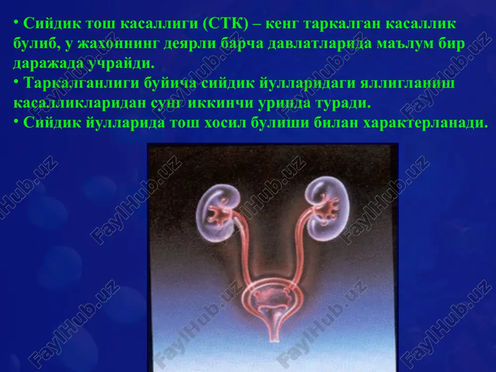 ngi xolat sut alkolizatsiyasi sindromi sarkoidoz gipertireoidizm medikamentoz vositalar: kaltsiy preparatlari vitamin «d» atsetazolamid askorbin kislotasi (vit. «s») sutkasiga 4 g ortik sulfanilamidlar anomaliyalar, anatomik va funktsional uzgarishlar: kanalchalar ektaziyasi (govaksimon buyrak) kosacha divertikuli (kistasi) takasimon buyrak ureterotsele siydik nayidagi torayishlar (strikturalar) kovuk-siydik nayi reflyuksi klinikasi klinikasi kalkuriya. ogrik. gematuriya. anuriya. buyrak etishmovchiligining klinik belgilari. dizuriya. utkir siydik tutilishi. diagnostikasi an'anaviy laborator tekshiruvlar: siydik taxlili (yoki indikator kogoz testi): - eritrotsitlar - leykotsitlar - bakteriyalar (nitrit testi) - siydikning rn muxiti kon zardobidagi kreatinin mikdori. tana xarorati yukori bulganda: - s-reaktiv oksil - kondagi leykotsitlar - siydik bakteriologik ekmasi kungil aynigan xollarda: - kondagi natriy - kondagi kaliy an'anaviy tekshiruv usullari: buyraklar ultratovushli tekshiruvi kovuk ultratovushli tekshiruvi buyraklar, siydik naylari va kovuk obzor rentgenografiyasi (kub) ekskretor urografiya stk toshlar – akustik soyali yukori exostrukturali doglar bir dona kup sonli utt obzor urogramma uroteleskopiya bilan obzor va ekskretor urografiya obzor va …