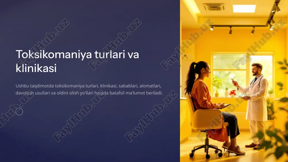 ya va ruhiy tushkunlik asabiylashish va g'azablanish yolg'on gapirish va manipulyatsiya qilish 7 diagnostika usullari 1 suhbatlashuv va anamnez to'plash 2 jismoniy tekshiruv 3 qon va siydik tahlillari 4 psixologik testlar 8 davolash usullari detoksikatsiya dori-darmonlar bilan davolash psixoterapiya qo'llab-quvvatlash guruhlari 9 profilaktika choralari 1 giyohvand moddalar haqida ma'lumot berish 2 yoshlikda xavfsizlik va o'z-o'zini hurmat qilishni targ'ib qilish 3 salomatlikni saqlash usullari va bo'sh vaqtni qiziqarli o'tkazish imkoniyatlarini ko'rsatish 10 xulosa toksikomaniya - murakkab kasallik, ammo davolanishi mumkin. o'z vaqtida diagnostika, malakali davolash va qo'llab-quvvatlash toksikomanlardan sog'lom hayotga qaytishga yordam beradi. 11 e’tiboringiz uchun rahmat image2.png image3.png image4.png image5.png image6.png image7.png image8.png image9.png image10.png image11.png image12.png image13.png image14.png image15.png image16.png image17.png image18.png