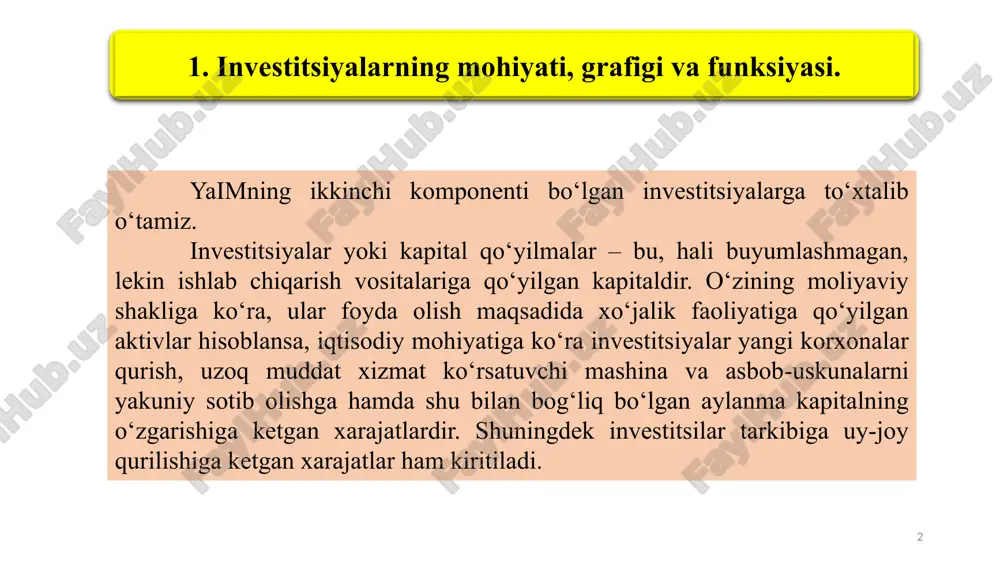 oshiruvchi shaxs 6 investitsiya faoliyati quyidagi manbalar hisobiga amalga oshirilishi mumkin: 1 investorlarning o’z moliyaviy resurslari (foyda, amortizatsiya ajratmalari, pul jamg’armalarivah.k.); 2 qarz olingan moliyaviy mablag’lar (obligatsiya zayomlari, bank kreditlari); 3 4 5 jalb qilingan moliyaviy mablag’lar (aktsiyalarni sotishdan olingan mablag’lar, jismoniy va huquqiy shaxslarning pay va boshqa to’lovlari); davlat byudjeti mablag’lari; chet elliklar mablag’lari. 7 foiz stavkasi – bu real asosiy kapitalni sotib olish uchun zarur bo’lgan, bankdan olingan ssuda kapitaliga korxona to’lashi lozim bo’lgan pul miqdori. investitsiyalarga sarflar darajasini ikkita asosiy omil belgilab beradi: 1 investitsiya sarflaridan kutilayotgan foyda normasi; 2 foiz stavkasi. 8 investitsiya xarajatlari foyda keltirishini aniqlashda nominal foiz stavkasi emas, balki real foiz stavkasi hisobga olinadi. real foiz stavka narxlar darajasining o‘zgarishini aks ettirib, nominal stavkadan inflyatsiya darajasi ayirmasi ko‘rinishida aniqlanadi. masalan, nominal foiz stavkasi 16% ga teng bo‘lsa, inflyatsiya darajasi yiliga 12% ni tashkil etsa, unda real foiz stavkasi 4 foizni (16%-12%) tashkil etadi. …