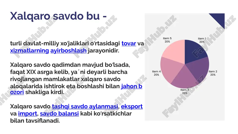 ilan savdo aloqalarining yaxshilanishi hamda pandemiya davrida ayrim tovarlar uchun import bojlarining vaqtincha bo‘lsa-da bekor qilinishi bilan izohlash mumkin. o’zbekistondagi tashqi savdo aylanmalari bo’yicha qizizqarli ma’lumotlar o‘zbekistonda barcha joriy xalqaro operatsiyalar hamda u bilan bog‘liq chet el valyutasi sotib olinishi ham, sotilishi ham cheklovlarsiz amalga oshiriladi 2023 yil yanvar oyida germaniya importda o‘zbekistonning birinchi raqamli hamkoriga aylandi. litva va fransiya ham top-10 savdo hamkorlar ro‘yxatiga kirdi. statistika agentligiga ko‘ra, importning asosiy qismini 6 ta samolyot tashkil etdi. yanvarda germaniya import bo‘yicha o‘zbekistonning 1-raqamli hamkori bo‘ldi ukrainadagi urush fonida o‘zbekiston tashqi savdosi qanday o‘zgardi? o‘zbekiston tashqi savdosi bo‘yicha to‘rt oylik hisobotlardagi raqamlarga e’tibor qaratsak, ko‘rish mumkinki, import ham, eksport ham yuqori suratlarda o‘smoqda. xususan, 2022 yilning yanvar-aprel oylarida mamlakatning eksport hajmi o‘tgan yilning mos davri bilan taqqoslaganda 2 barobarga oshgan. import hajmi esa o‘tgan yilning mos davriga nisbatan 1,4 barobarga ko‘paygan. umuman olganda, eksport hajmining bunday yuqori sur’atda o‘sayotganligining asosiy sababi …