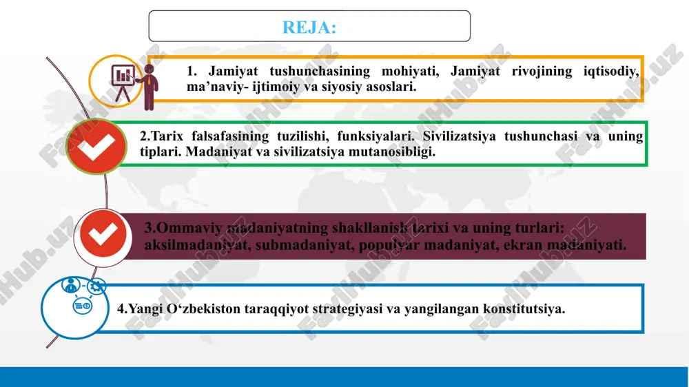 qonunlari to‘g‘risida bahs yuritadigan fandir. abu nasr forobiy platon va aristotel asarlariga tayanib, jamiyatning kelib chiqishi asosida tabiiy ehtiyojlarni qondirish yotadi degan g‘oyani ilgari surgan. tabiiy ehtiyoj kishilarni birlashishga, jamoaga uyushuviga olib kelgan. fransuz marifatparvar faylasufi jan-jak russo (1712-1778) bir vaqtlar insonlar tenglikda yashagan ideal jamiyat bo‘lganini, unda hamma narsa barchaniki bo‘lganini, bunday jamiyat ortda qolganini afsuslanib yozadi. ijtimoiy falsafa jamiyat haqidagi qarashlar jamiyat haqidagi qarashlar 2. jamiyatning asosiy sohalari va ularning o‘zaro aloqadorligi iqtisodiy soha jamiyat rivojlanishining tabiiy va zaruriy sharti bo‘lgan moddiy nematlar – tovar va xizmatlarni ishlab chiqarish, taqsimlash, ayirboshlash va istemolini taminlovchi tizimidan tashkil topadi. jamiyatning siyosiy sohasiga hokimiyat masalasi atrofida mujassam bo‘lgan tashkilot va muassasalar, xususan, davlat, ijtimoiy tashkilotlar va partiyalar; munosabatlar, siyosiy ong va siyosiy madaniyat kiradi. jamiyatning manaviy sohasi – bu manaviy ishlab chiqarish jarayoni va natijalarining birligidir. jamiyatning ijtimoiy hayoti undagi mavjud kishilar, turli ijtimoiy birliklar, va ular orasidagi turli-tuman aloqa va …