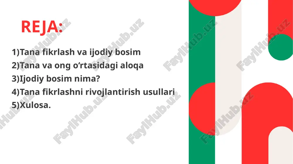 iqada kamida 2 daqiqa yurib oling. ✅ tana holatini kuzating: tik turing va nafas olishni nazorat qiling. ✅ harakat orqali fikr oching: raqs, yoga yoki shunchaki cho‘zilish ham katta farq qiladi. 4)tana fikrlashni rivojlantirish usullari improvizatsion mashqlar (teatr yoki raqs) sport va jismoniy faoliyat mindfulness va tana skaner mashqlari jismoniy ekspressiya orqali fikr yuritish mindfulness bu- odamning o’z fikrlarini, his-tuyg’ularini va atrof-muhitini hozirgi paytda anglash, ularni his qilish va baholash jarayonidir. bu texnika shuningdek, stressni kamaytirish, diqqatni kuchaytirish va umumiy ruhiy salomatlikni yaxshilash maqsadida o’z-o’ziga yordam shakli sifatida qo’llaniladi.(meditatsiya) ijodiy bosimni boshqarish strategiyalari: vaqtni boshqarish kichik maqsadlar qo‘yish "mukammallik" emas, "jarayon"ga e'tibor berish harakat va tana holatini faol boshqarish xulosa: tana va ong birgalikda ishlaganda ijodiy samaradorlik ortadi. ijodiy bosimni yengish uchun tanani faollashtirish muhim. harakatdagi fikrlar — eng samarali va erkin g‘oyalar manbai. e’tiboringiz uchun raxmat! , image1.png image2.png image3.png image4.png image10.jpg image6.png image9.png image11.jpg image8.png image12.jpg image5.png image7.png …