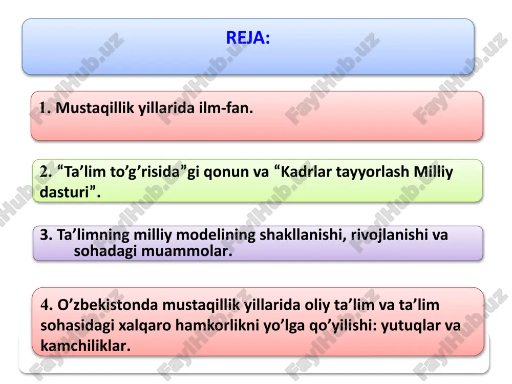 di. qo‘mitaga fan va texnologiyalarni rivojlantirishning ustuvor yo‘nalishlarini ishlab chiqish, akademik va oliy ta’lim muassasalari fani integratsiyalashuviga, ilmiy sohadagi xalqaro hamkorlikni rivojlantirishga ko‘maklashish kabi vazifalar belgilab qo‘yildi. 2008-yildan buyon toshkentda innovatsion g‘oyalar, texnologiyalar va loyihalar yarmarkasi o‘tkazib kelinmoqda. 2008–2015-yillar o‘tkazilgan i – viii yarmarkalar doirasida jami 4000 dan ortiq ishlanmalar taqdim etildi. 2008-yildan buyon umumiy qiymati 113 mlrd.so‘mdan ortiq bo‘lgan 3000 dan ziyod shartnomalar tuzildi. obrazets teksta vtoroy uroven tretiy uroven chetvertiy uroven pyatiy uroven 1 - reja innovatsion g‘oyalar, texnologiyalar va loyihalar respublika yarmarkasi 29.09.2025 7 arxeologiya fani sohasida ham ma’lum siljishlar bo‘ldi. jumladan, 2002-yildan «o‘zbekistonda arxeologik tadqiqotlar» yillik to‘plamlari nashr etilib, ularda respublikamiz hududida olib borilayotgan arxeologik tadqiqotlarning umumlashma ilmiy xulosalari berib boriladi. 2010-yildan esa «o‘zbekiston arxeologiyasi» ilmiy jurnali chop etila boshlandi. fanning boshqa yo‘nalishlaridagi olimlar ham yirik natijalarni qo‘lga kiritishmoqda. fanlar akademiyasi o‘simlik moddalari kimyosi instituti tomonidan tayyorlangan 10 jildlik «tabiiy birikmalar (o‘simlik zaxiralari, tuzilishi va xossalari)» …