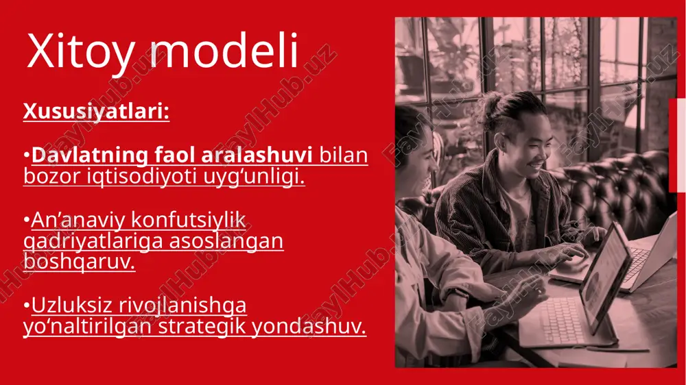 iyasiga urg‘u. arab menejment modeli 8 xususiyatlari: an’anaviy qadriyatlarga asoslangan boshqaruv. arab mamlakatlarida menejmentda islomiy qadriyatlar, oilaviy va qabila (klan) tizimi muhim o‘rin tutadi. avtoritar va paternalistik yondashuv keng tarqalgan — rahbar odatda kuchli shaxsiy hokimiyatga ega va barcha muhim qarorlar u tomonidan qabul qilinadi. ijtimoiy aloqalar va shaxsiy munosabatlar ko‘pincha rasmiy qoidalardan ustun turadi. xodimlar o‘rtasida sodiqlik va hurmat asosiy qadriyatlardan biri hisoblanadi. afzalliklari: 9 kamchiliklari: innovatsion qarorlar va g‘oyalarni ilgari surish nisbatan sust. xodimlarning shaxsiy tashabbuslari va mustaqil fikrlash imkoniyatlari cheklanishi mumkin. nepotizm (qarindoshlar yoki tanishlar orqali ishga joylashish) holatlari ko‘proq uchraydi. rahbarlarga yuqori darajada ishonch mavjud, bu esa tezkor qarorlar qabul qilish imkonini beradi. ish muhitida o‘zaro hurmat va ijtimoiy birdamlikni kuchaytiradi. madaniy muhitga moslashgan boshqaruv usullari orqali barqarorlik saqlanadi. arab modeli bilan boshqa modellarning solishtirma jihatlari: , mezon arab modeli aqsh modeli yapon modeli madaniy asos din, an’ana, patriarxat individualizm, erkin bozor kollektivizm, an’ana qarorlar qabul …