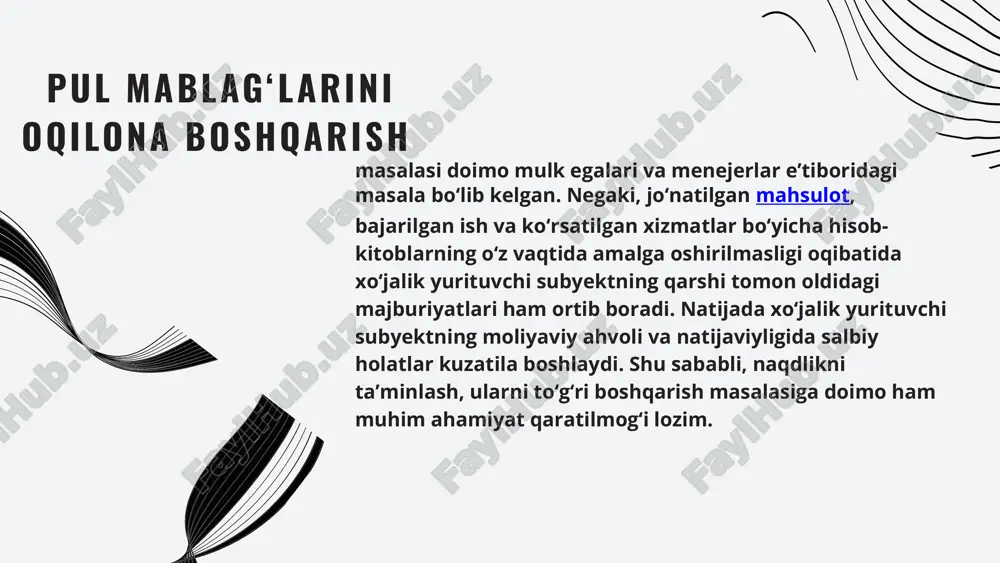 anish maqsadi va vazifalari. tahlil maqsadi: moliyaviy hisobot ma’lumotlari asosida pul oqimini obyektlari, faoliyat turlari, shakli va davri bo‘yicha o‘rganish orqali xo‘jalik yurituvchi subyektning pul mablag‘larini ichki va tashqi omillarga bog‘liq holdagi o‘zgarishlarini retrospektiv va perspektiv tahlilini amalga oshirish orqali ularni maqsadli boshqarishni yo‘lga qo‘yishdan iborat. tahlil vazifalari: pul oqimi to‘g‘risidagi hisobotni tasniflash, pul oqimini tarkib qatorlari bo‘yicha o‘rganish; pul oqimini joriy tahlilini va istiqboldagi prognozlarini tashxislash; pul oqimining sof kirimi va chiqimiga baho berish orqali biznes samaradorligiga baho berish; pul oqimining moliyaviy holat va barqarorlikka ta’sir darajasini, ular naqdligining likvidlik va to‘lovga qobillikka ta’sirini baholash; operatsion va moliyaviy richaglar orqali pul oqimini moliyaviy koeffitsiyentlarda baholash; pul oqimini taktik boshqarishning aniq chora-tadbirlarini belgilab berish va ularni amalga oshirish. xo‘jalik yurituvchi subyekt pul mablag‘lari va ularning ekvivalentlarini keltirib chiqarish, shuningdek‚ keltirib chiqarilgan pul mablag‘lari va ularning ekvivalentlaridan maqsadli va samarali foydalanish juda qiyin jarayon. ya’ni pulni topish qiyin uni ishlatish undanda …